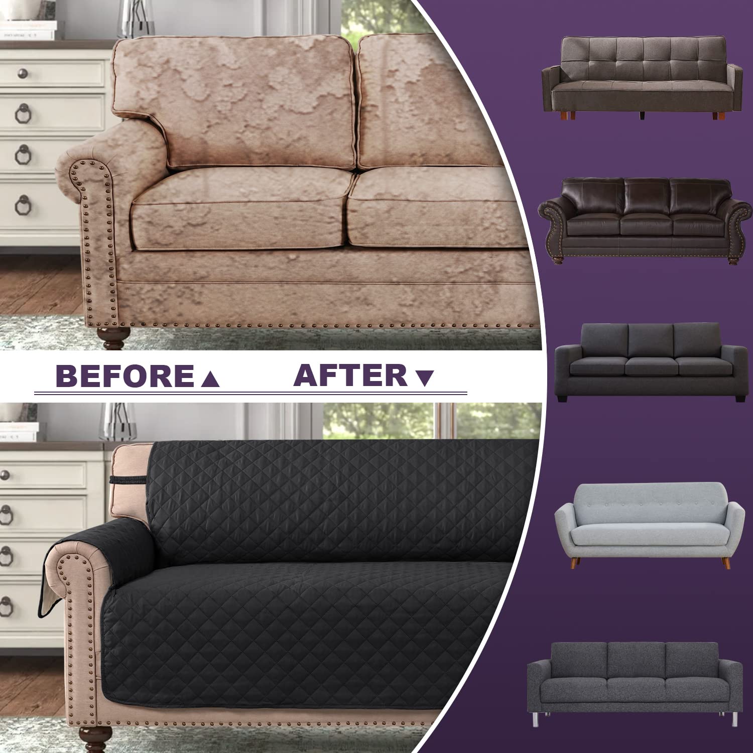 Reversible Quilted Sofa Slipcover - Water Resistant Furniture Protector with Elastic Straps for Pets & Kids (Oversized Sofa, Black/Grey) - Perfect for Pet Owners, Families & Home Decor Refresh | MeilleMaison