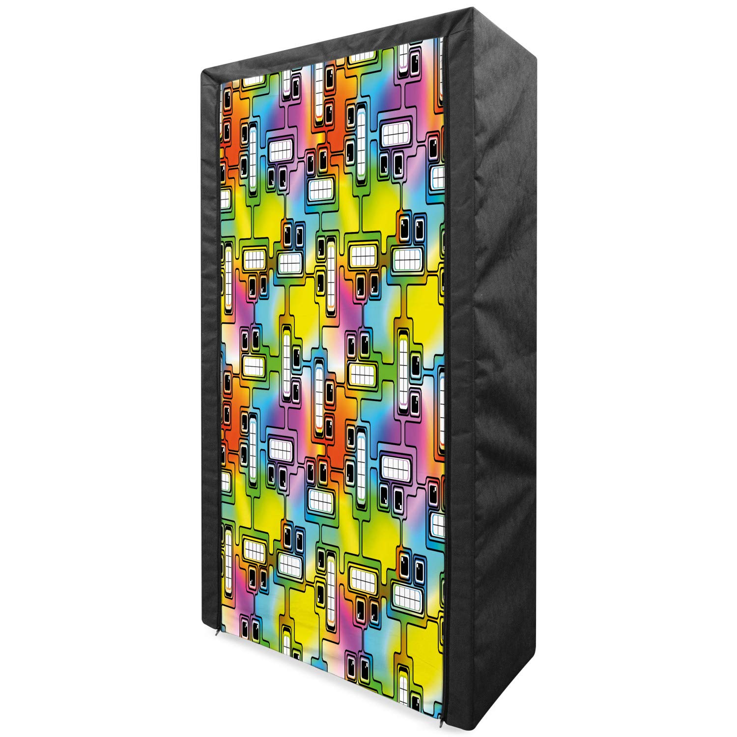 Ambesonne Colorful Portable Fabric Wardrobe - Hippie Digital Print with Fun Character Eyes & Teeth Video Game Art - 33.5 Inch Multicolor Clothing Organizer with Shelves | Perfect for Small Spaces, Dorm Rooms & Closet Storage Solutions