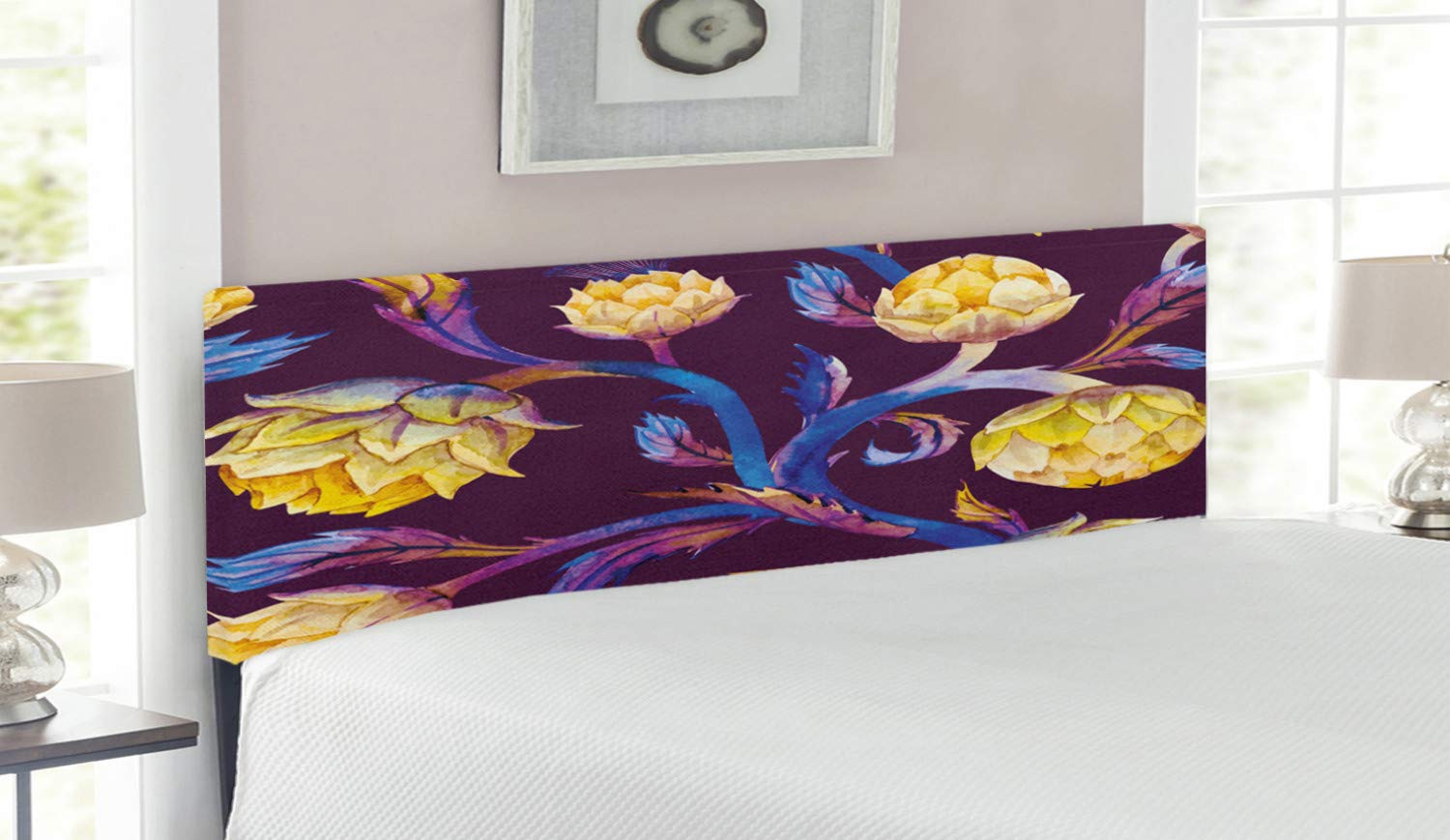 Ambesonne Art Nouveau Vegan Headboard - Queen Size Upholstered Metal Bed Frame with Memory Foam, Dark Blue & Yellow Artichoke Design | Perfect for Bohemian & Eclectic Bedroom Decor