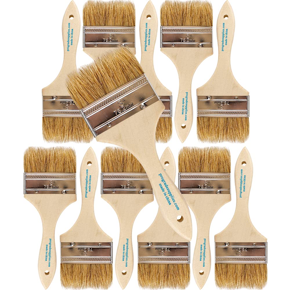 Professional Grade 3 Inch Chip Paint Brushes - Set of 12 Light Brown Artist Brushes for Woodworking, Furniture Restoration & DIY Crafts