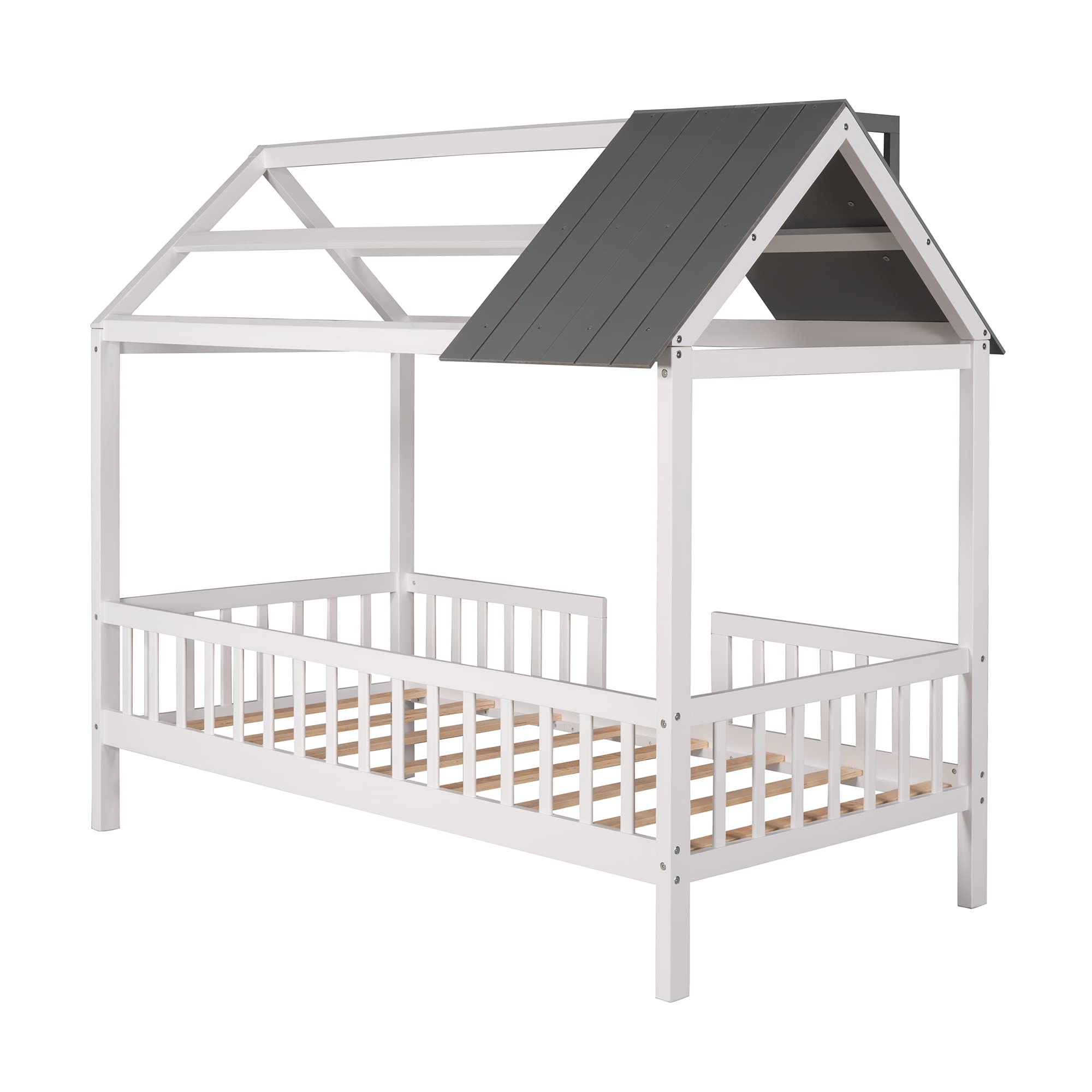Bellemave Twin House Bed for Kids - Montessori Playhouse Bed Tent with Solid Wood Frame, Safety Fence & Roof - Perfect for Boys & Girls Bedroom (White+Gray) | Ideal for Playtime, Naptime & Imaginative Play