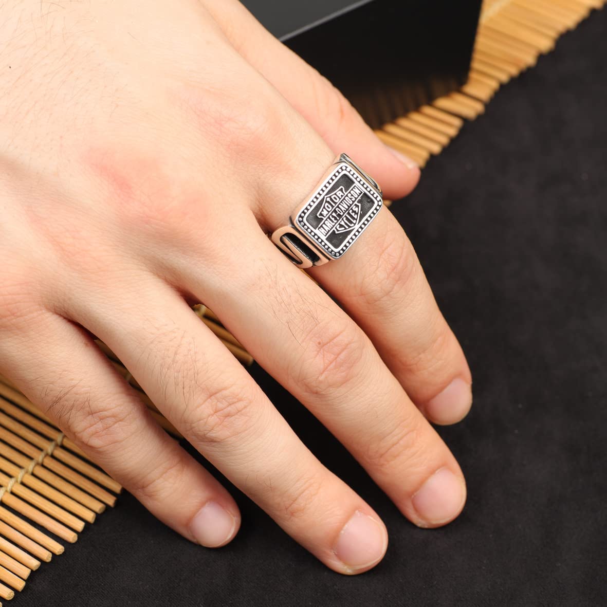 Harley Davidson 925 Sterling Silver Men's Signet Ring - Handcrafted Biker Jewelry - Custom Motorcycle Rider Ring for Men - Perfect for Biker Gifts, Motorcycle Events & Everyday Wear (Size 15)