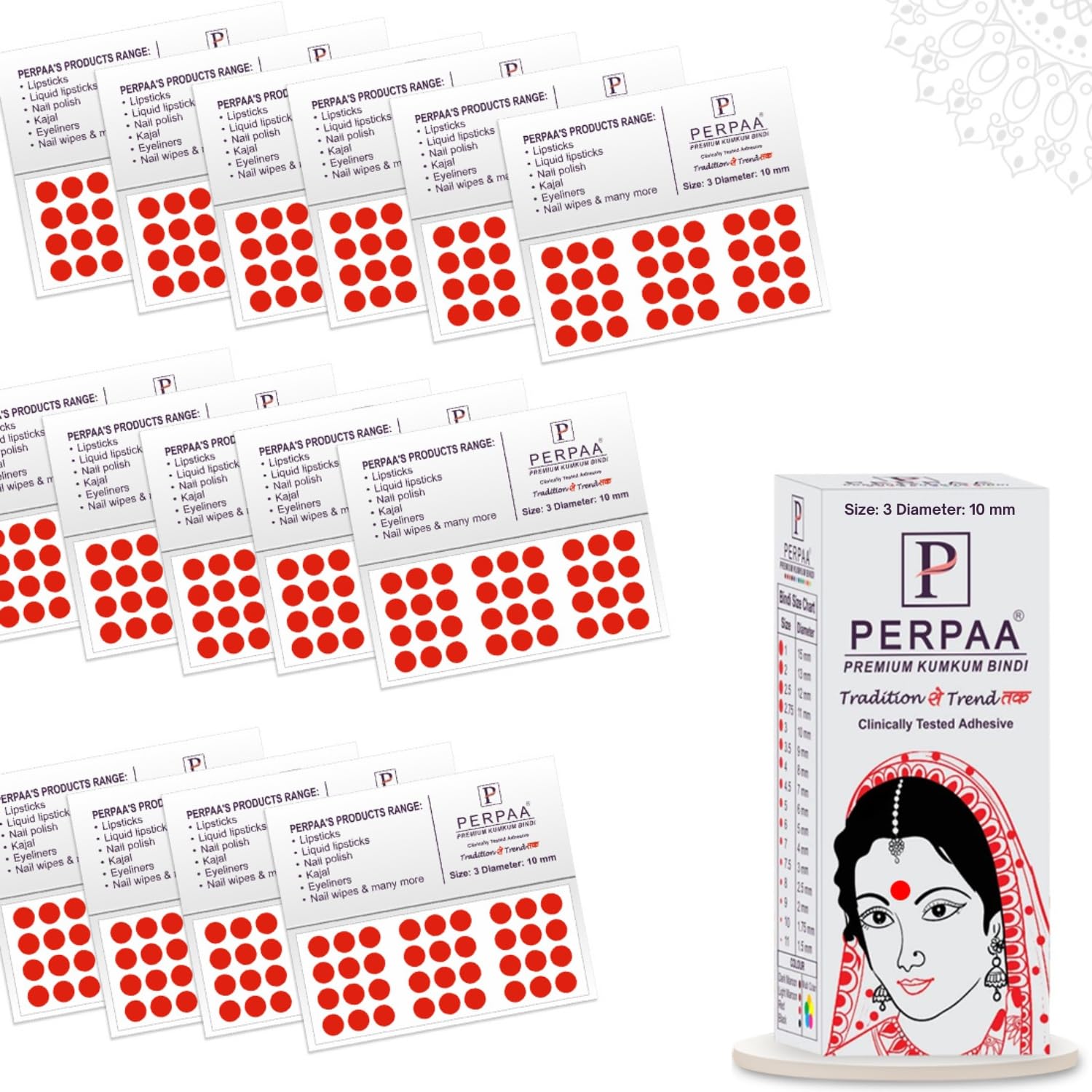 PERPAA Kumkum Red Round Bindi Book for Women - Stick On Forehead Decoration (10mm Diameter, Size 03) - Perfect for Indian Weddings, Festivals & Traditional Occasions