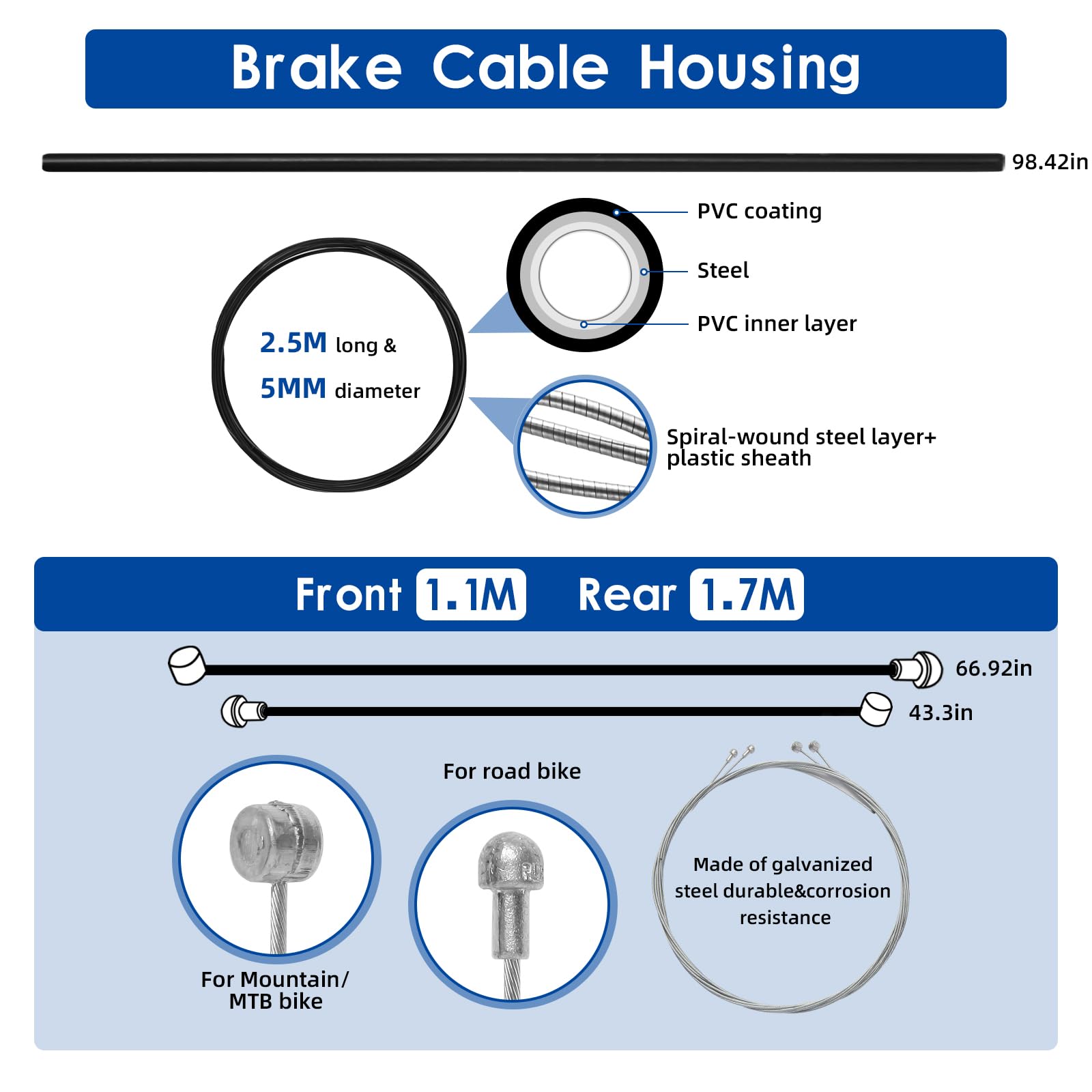 Universal Bike Brake & Shift Derailleur Cable Kit - Standard Bicycle Transmission Line with Cable End Caps & O-Rings - Compatible with Front/Rear MTB & Road Bikes - Perfect for Bike Maintenance & Repair (Mountain, Road, Commuter Cycling)
