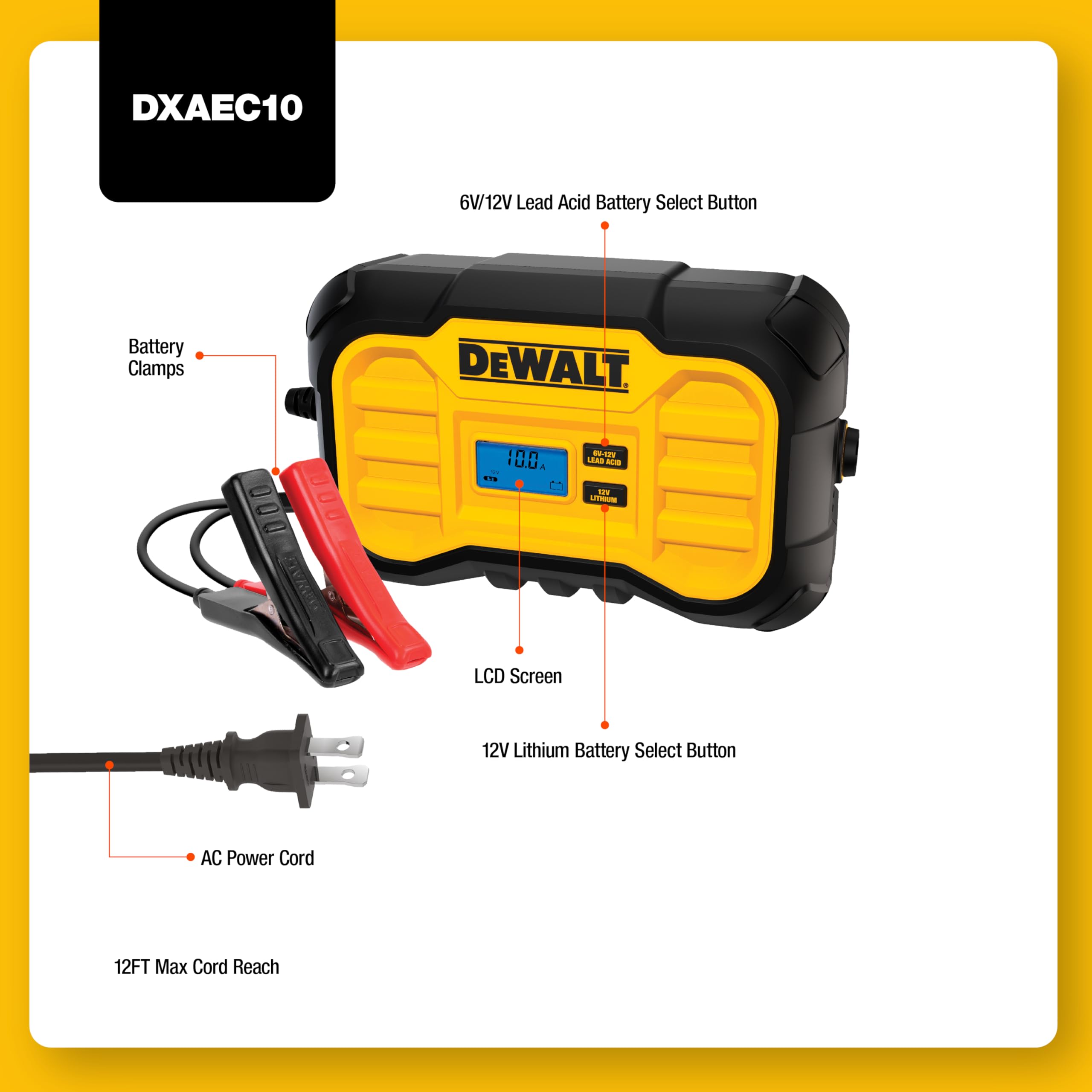 DeWalt DXAEC10 10 Amp Professional Battery Charger & Maintainer - Trickle Charger for Cars, Motorcycles, Boats & Power Equipment - Auto Battery Tender & Desulfator
