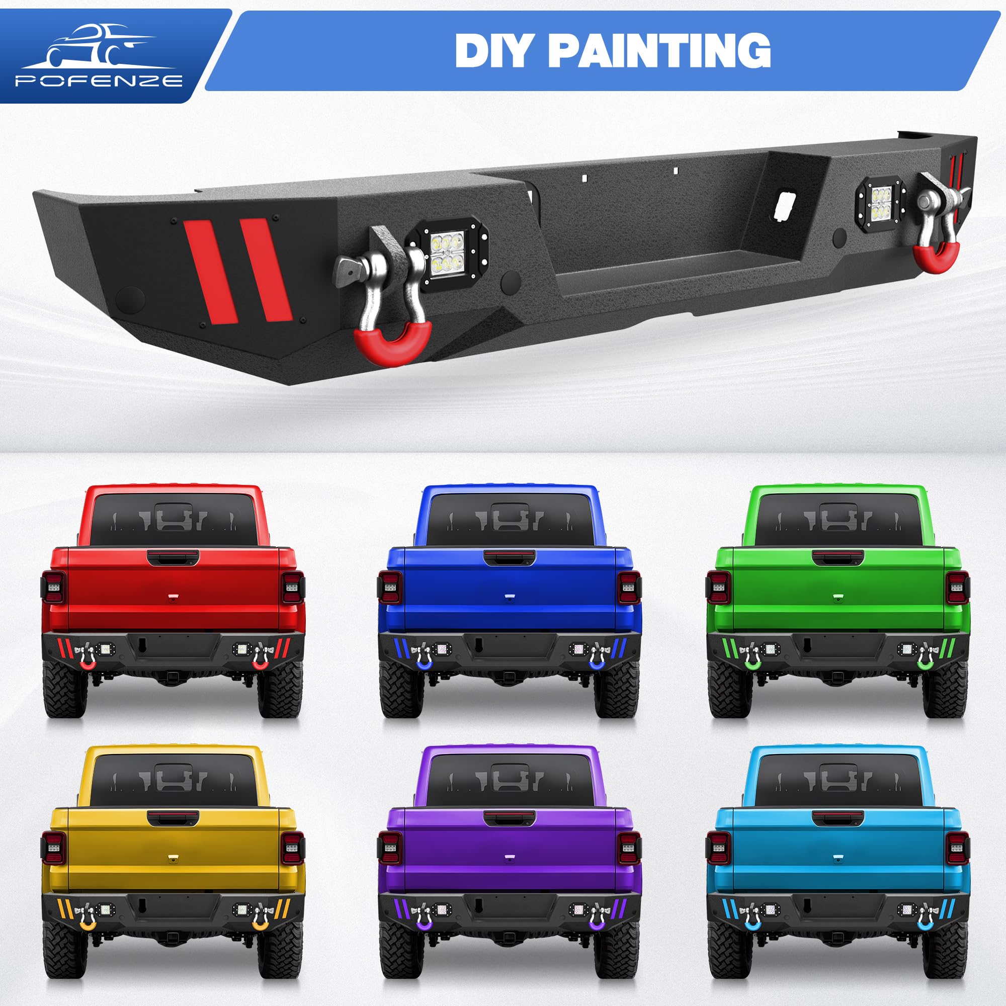 Textured Black Rear Bumper with LED Lights for Jeep Gladiator JT (2020-2024) - Full Width Bumper with Sensor Holes, D-Rings & DIY Plate - Perfect for Off-Roading, Overlanding & Truck Upgrades