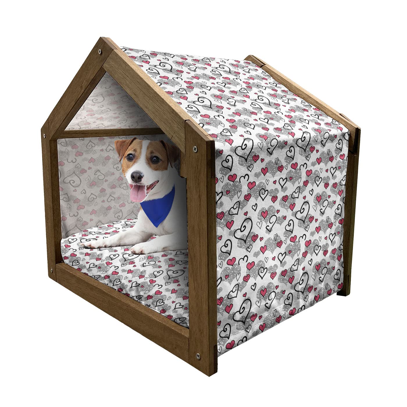 Ambesonne Wooden Pet House for Dogs - Romantic Sketch Style with Hearts Pattern, Portable Indoor & Outdoor Dog Kennel with Pillow & Cover - Large Size in Grey White & Hot Pink - Perfect for Valentine's Day, Birthday Gifts & Home Decor
