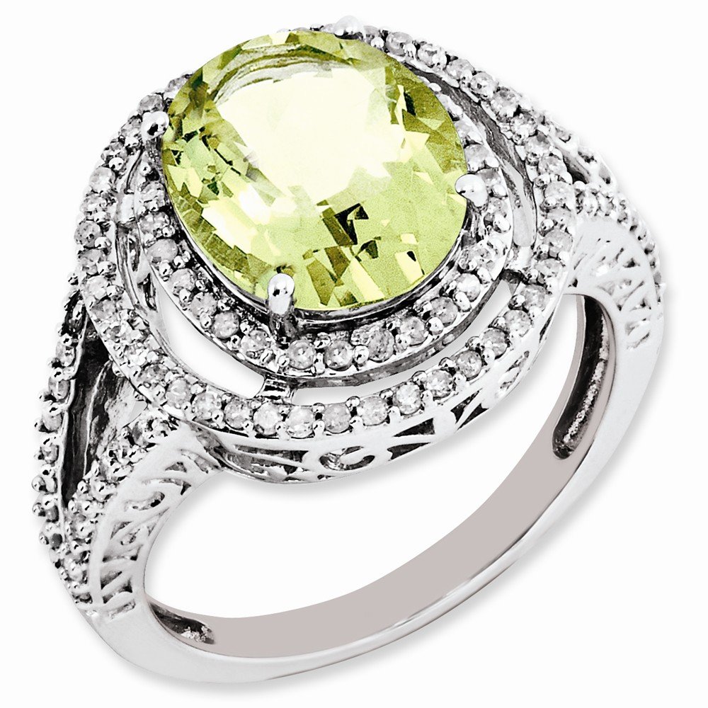 Sterling Silver Rhodium Plated Oval Diamond & Lemon Quartz Ring - Size 7 | Elegant Jewelry for Women, Perfect for Weddings, Anniversaries & Special Occasions