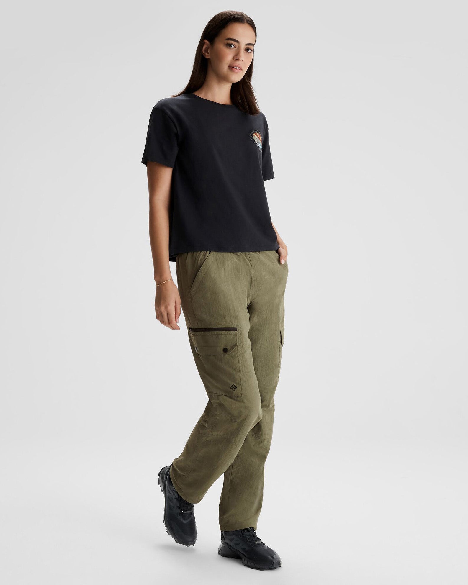 Women's Kathmandu Logo Sunburst Organic Cotton T-Shirt - Black | Eco-Friendly Casual Tee for Outdoor Activities & Everyday Wear