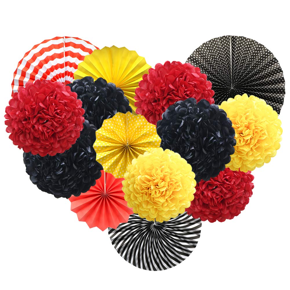 Vibrant Red Yellow Black Hanging Paper Party Decorations - Round Paper Fans & Pom Poms Set for Mickey Mouse Theme, Firetruck Birthday, Wedding, Graduation & Baby Shower | Perfect for Indoor/Outdoor Celebrations, Home Decor & Party Backdrops