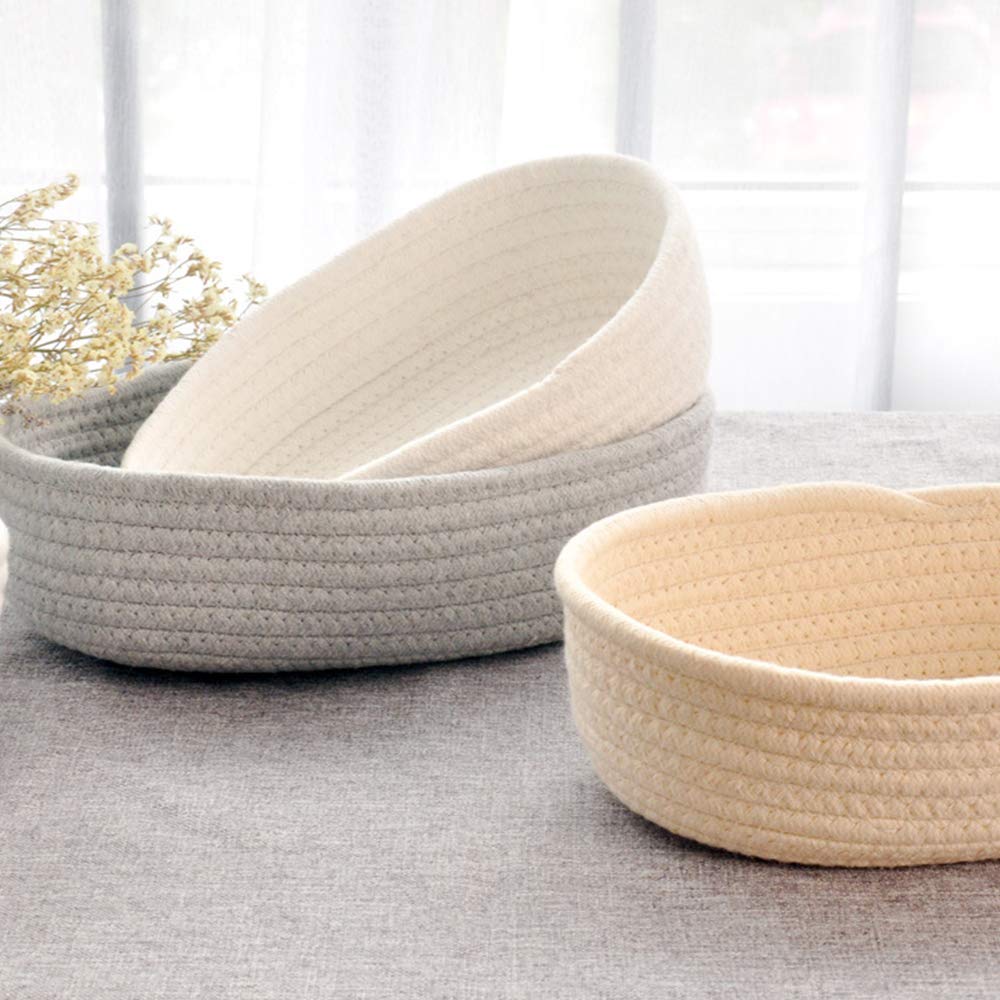 Handmade Cotton Rope Storage Basket - Woven Home Organization Box for Candy, Toys, Snacks & Sundries (Pack of 3, Oval Shape, Grey) - Perfect for Living Room, Nursery & Kitchen Organization