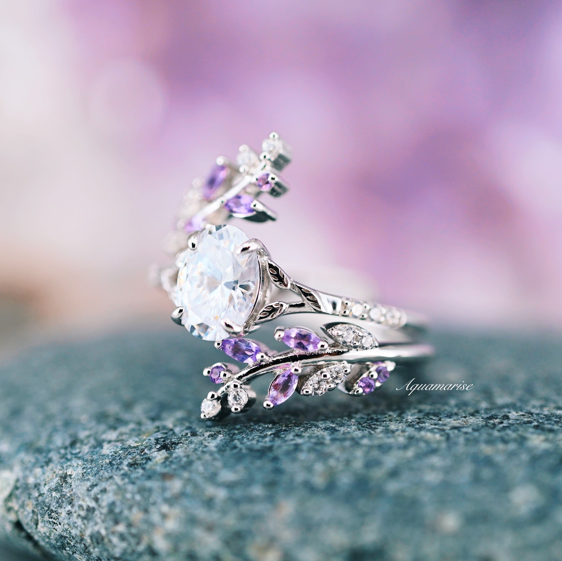 14K White Gold Fairy Amethyst & Moissanite Leaf Engagement Ring Set - Elegant Wedding, Proposal & Anniversary Jewelry Gift