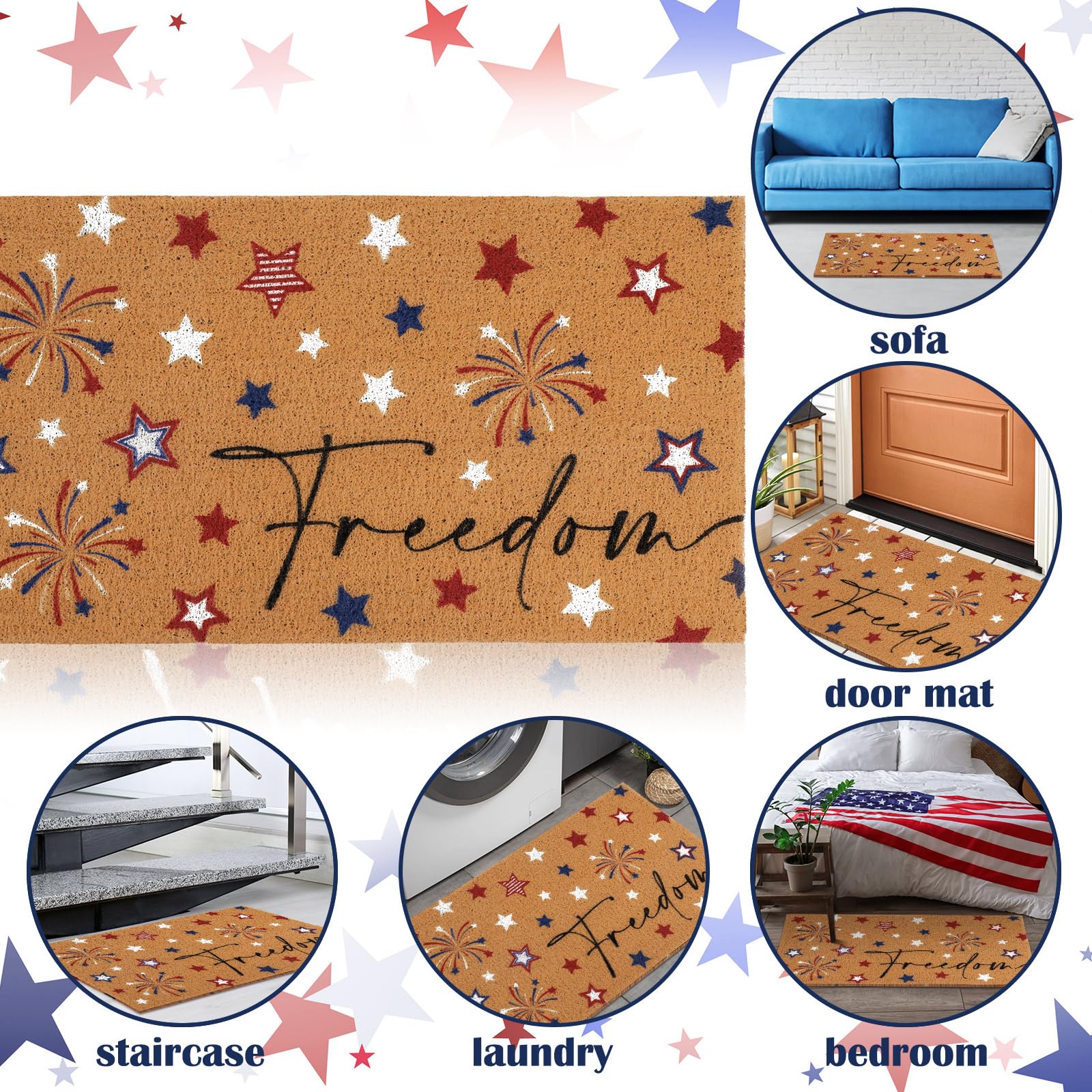 4th of July Patriotic Welcome Rug - 30 x 17 Inch Non-Slip Star Bathroom Mat for Front Door Entrance, Farmhouse Rustic Independence Day Decor - Perfect for Home, Porch, and Outdoor Celebrations (Freedom Theme)