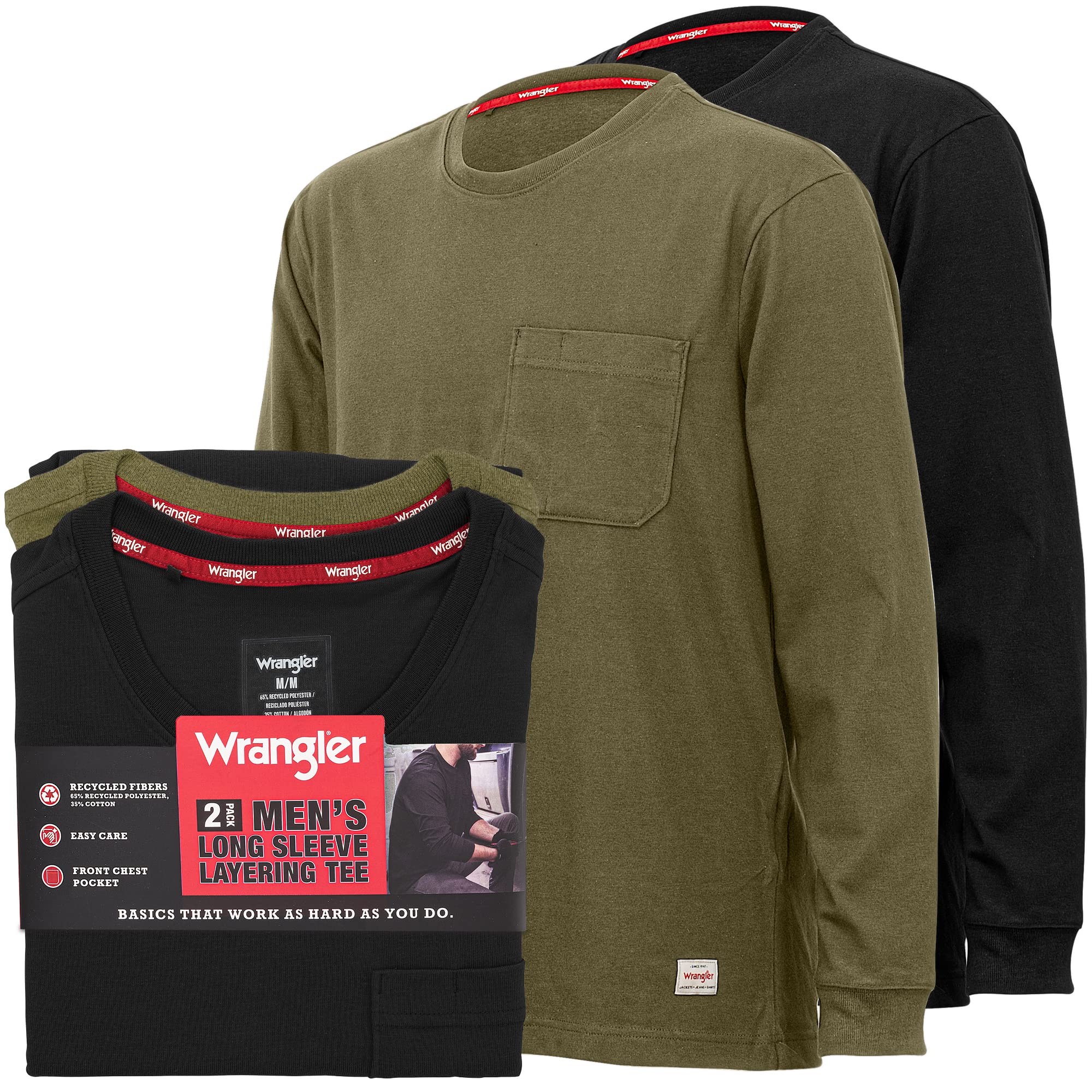 Wrangler Men's Long Sleeve Layering T-Shirt - Core Base Layer Tee for Cold Weather & Outdoor Activities | Hiking, Camping & Workwear Essential