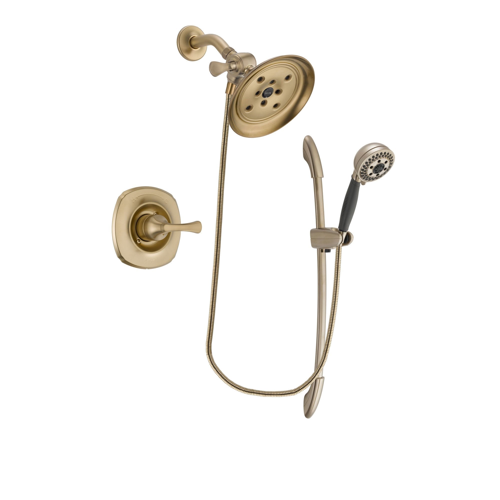 Delta Addison Champagne Bronze Shower Faucet System with Large Rainfall Shower Head & 5-Spray Handheld Shower - Complete Package with Slide Bar & Rough-In Valve DSP3382V - Perfect for Modern Bathroom Renovations & Spa-Like Shower Experience