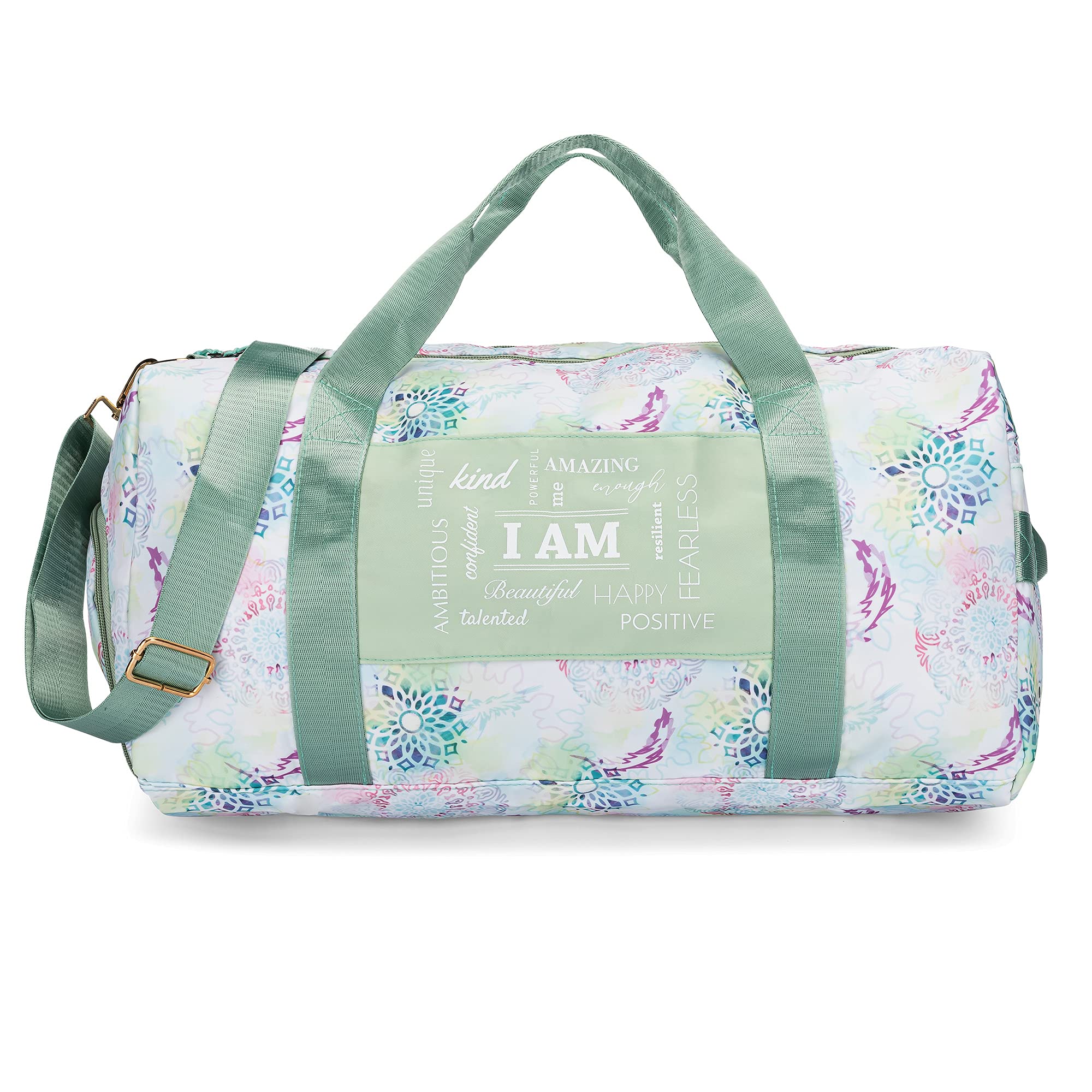 Women's Gym Bag with Shoe Compartment & Wet Pocket - Lightweight Duffle Bag with Motivational Quotes & Graphic Designs - Perfect for Workout, Travel, Yoga & Overnight Trips - Mint Green Mandala Pattern