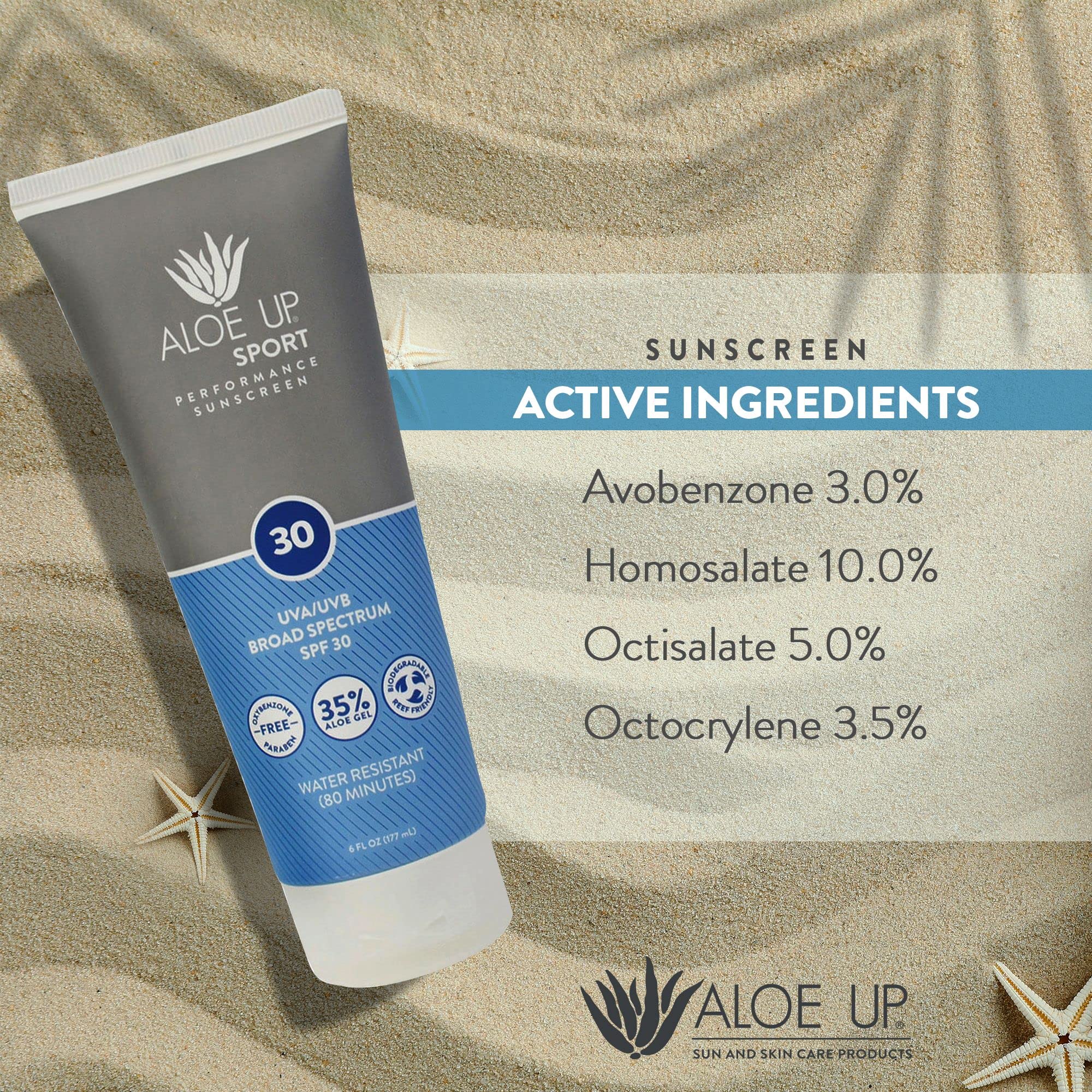 Aloe Up Sport Sunscreen Lotion SPF 30 - 6oz (177ml) - Water-Resistant Sun Protection for Active Outdoor Activities, Swimming, Hiking & Sports