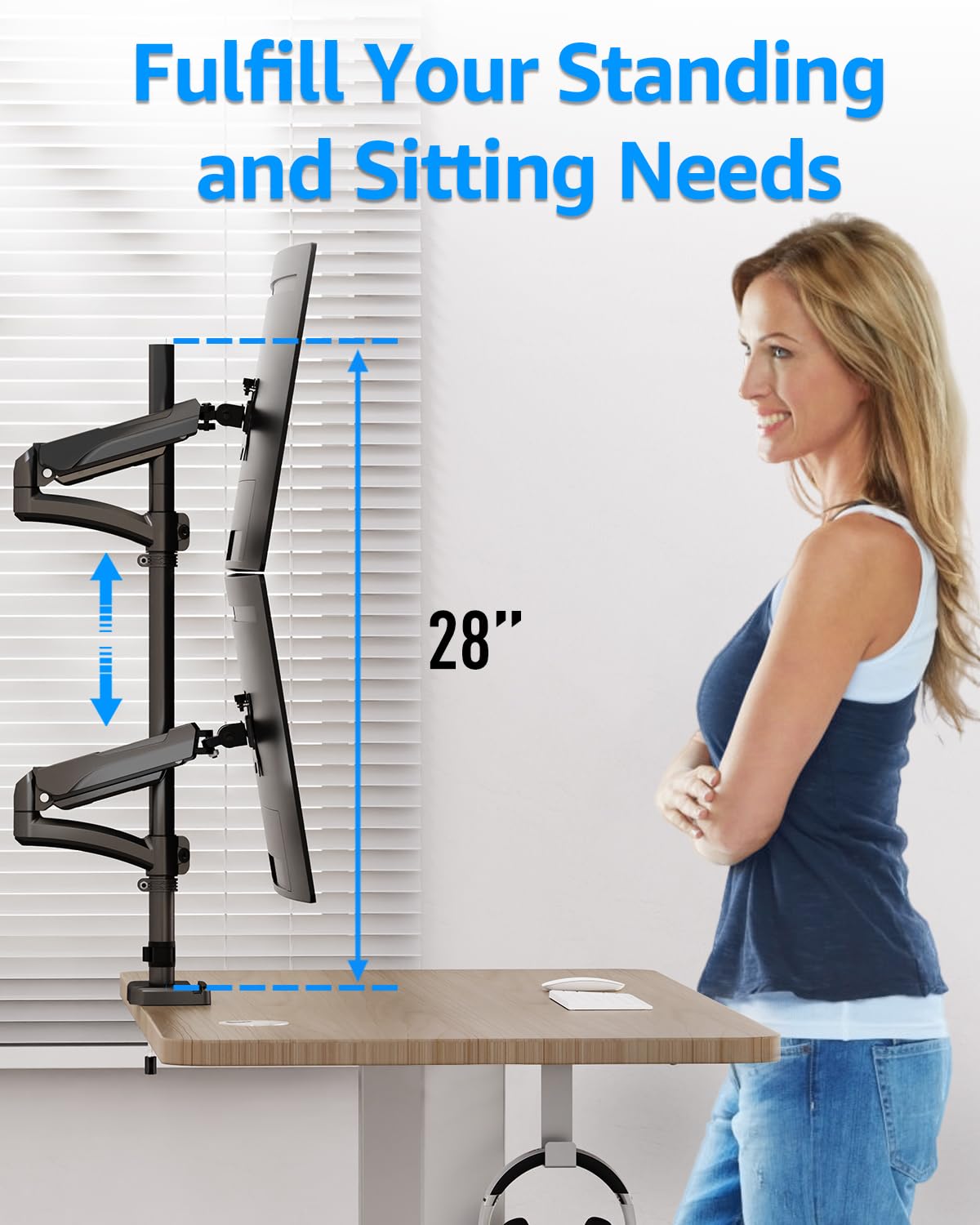 MOUNTUP Vertical Dual Monitor Stand - Heavy Duty Gas Spring Arm for 32 Inch Screens (4.4-17.6lbs), VESA 75x75/100x100 Mount with Clamp/Grommet Base - MU6012A - Perfect for Home Office, Gaming Setup & Workspace Ergonomics