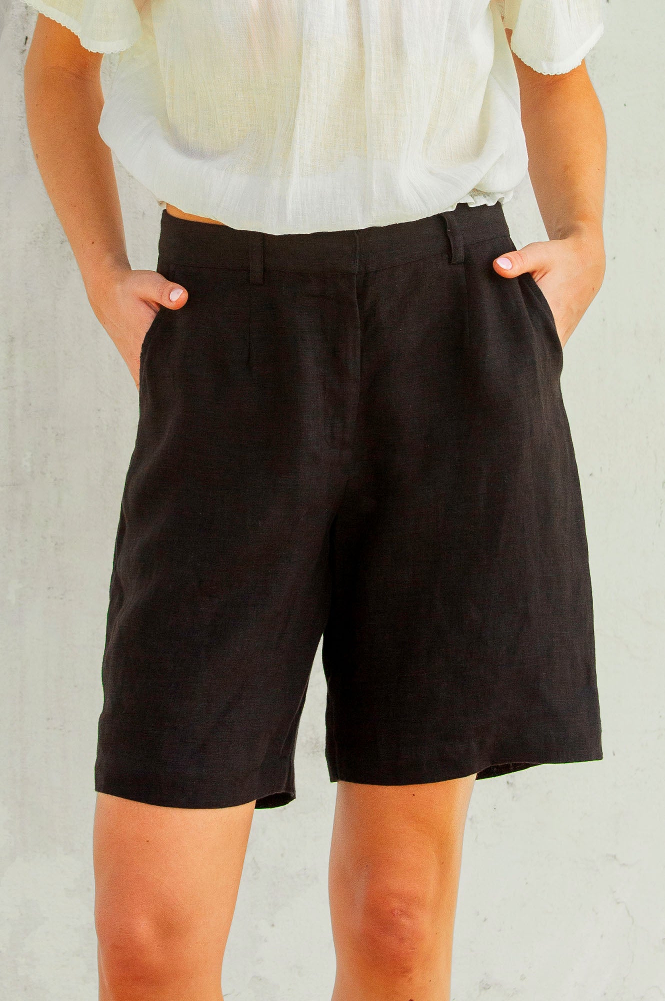 Alexandra Women's Long Linen Shorts - Comfortable High Waist Summer Shorts in Black | Perfect for Beach, Vacation & Casual Outings