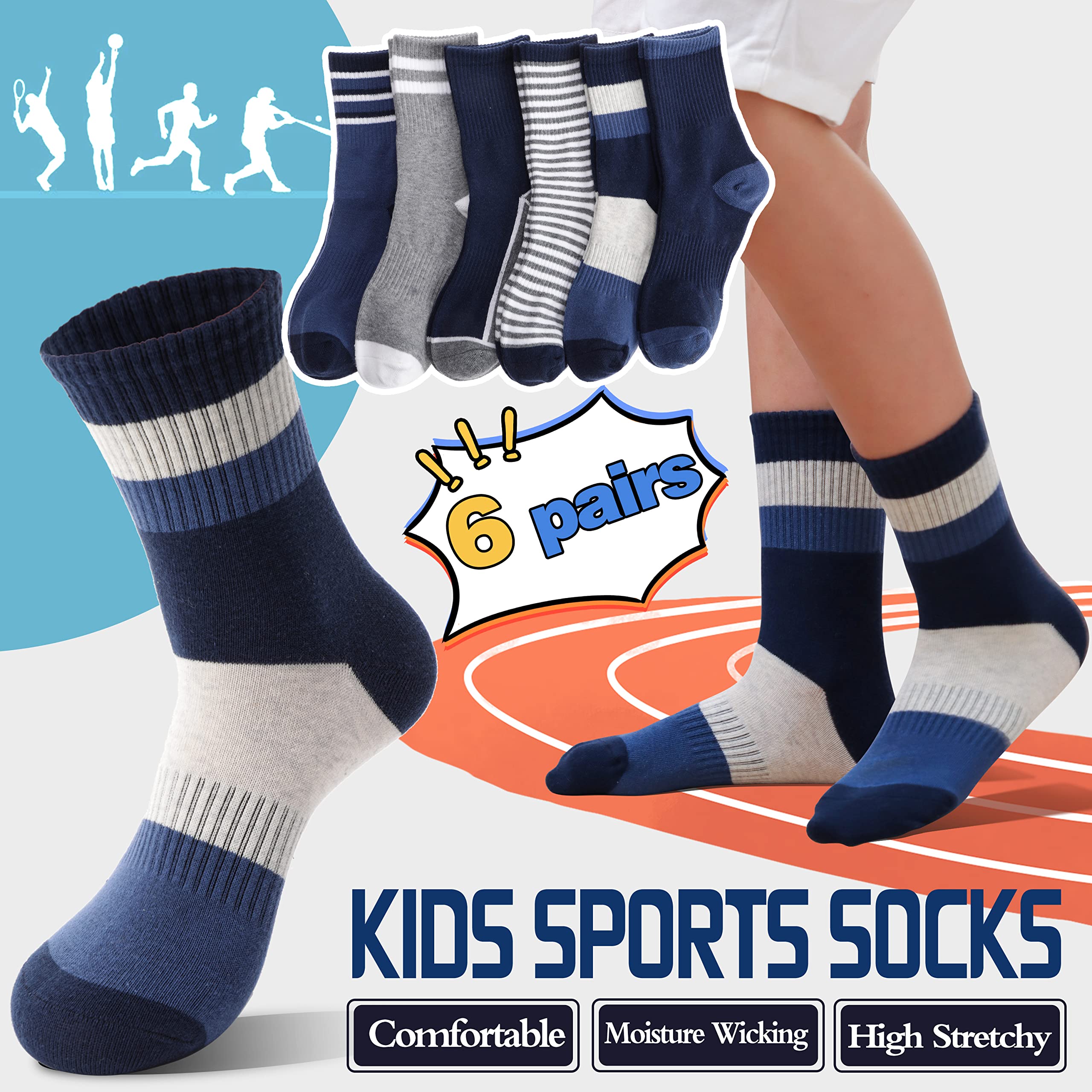 Welwoos 6 Pairs Boys Athletic Socks - Breathable Cotton Sport Crew Socks for Kids - Perfect for Running, School & Daily Wear
