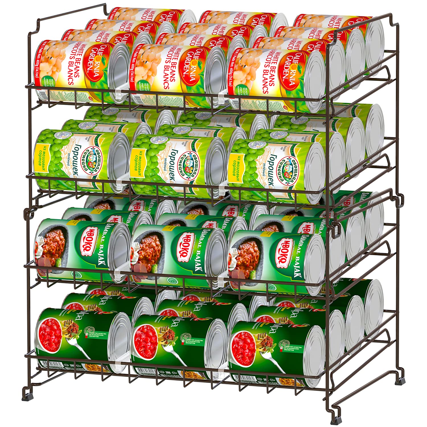 4-Tier Stackable Can Rack Organizer - Holds 48 Cans for Kitchen Cabinet & Pantry Storage - Bronze Countertop Can Dispenser - Perfect for Organizing Soup, Soda & Beer Cans in Small Spaces