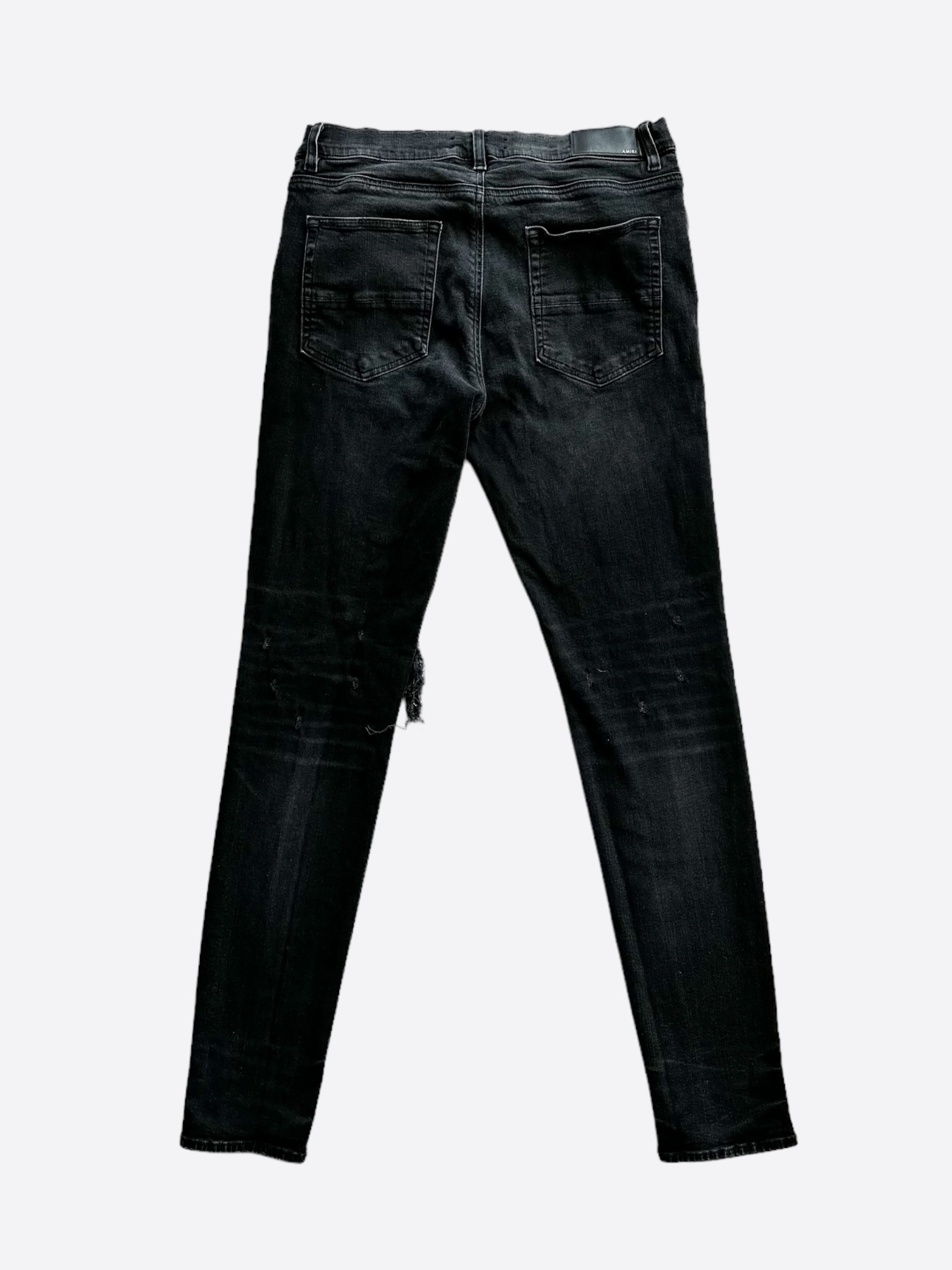Amiri Washed Black Distressed Knee Ripped Jeans for Men - Stylish Slim Fit Denim Pants for Casual Wear & Street Fashion