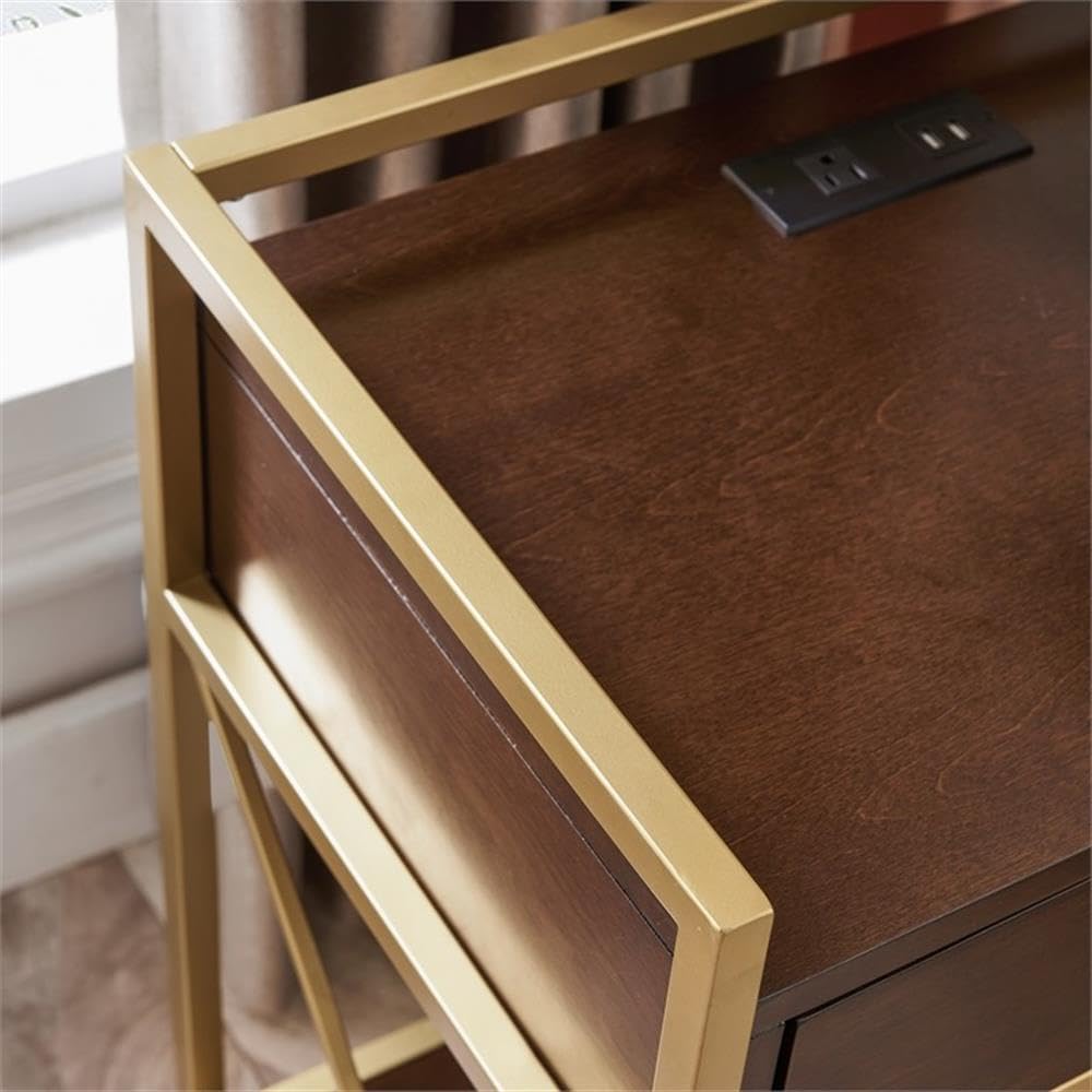Claudette Modern Nightstand with USB-C Fast Charging - Solid Wood & Metal Bedside Table in Walnut Brown & Gold - Compact Side Table for Bedroom, Living Room, Office - Leick Home 9069-WA - Perfect for Charging Devices & Stylish Home Decor