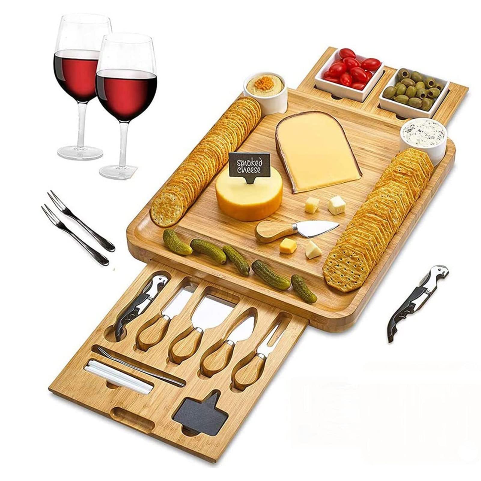 Premium Blacklight Bamboo Cheese Board Set - Large Charcuterie Platter with Stainless Steel Cutlery | Elegant Wedding, Anniversary & Housewarming Gift for Couples & Women | Perfect for Wine Tasting, Cheese Pairing & Entertaining Guests