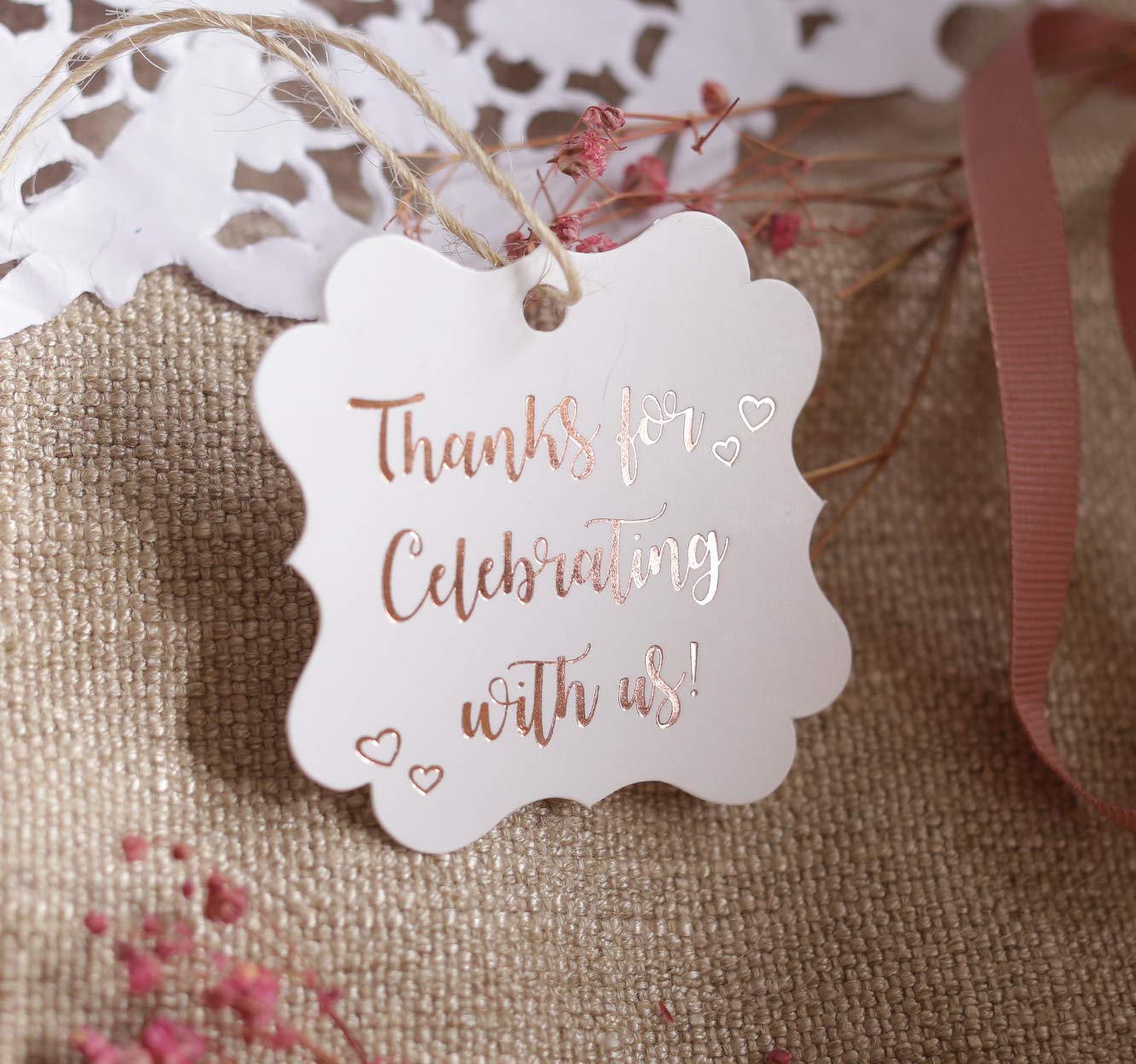 Elegant Rose Gold Foil Gift Tags - 30 Pack Thank You Tags for Parties, Weddings & Special Occasions - Printable Heart Design Gift Labels for Presents & Decorations