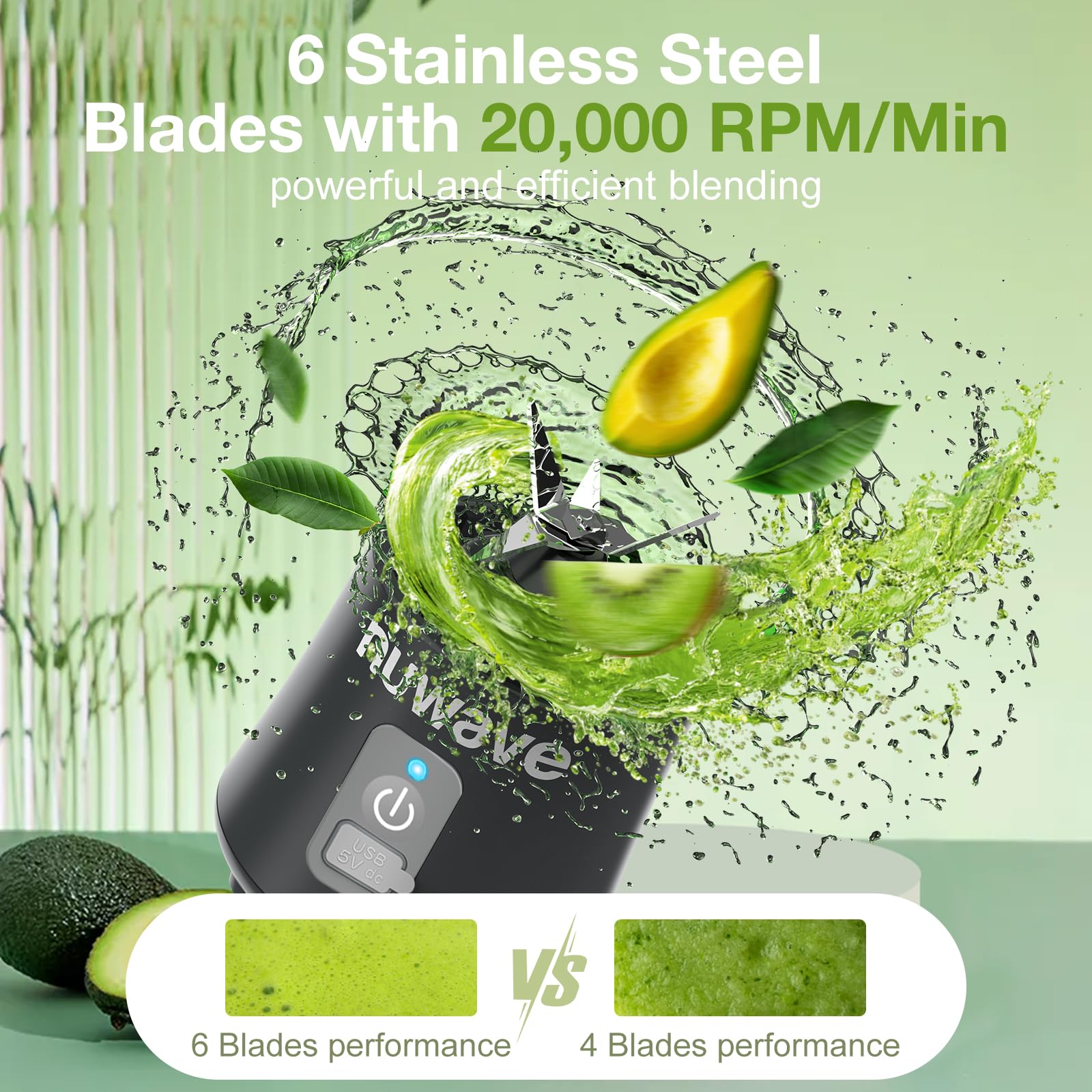 Nuwave 16OZ Portable Blender - 2025 Upgraded Rechargeable Mini Blender with 6 Blades for Smoothies, Shakes & Juices | BPA-Free, Leak-Proof Lid | Perfect for Gym, Travel, Office & Kitchen Use | Compact Personal Blender for Healthy Drinks On-The-Go