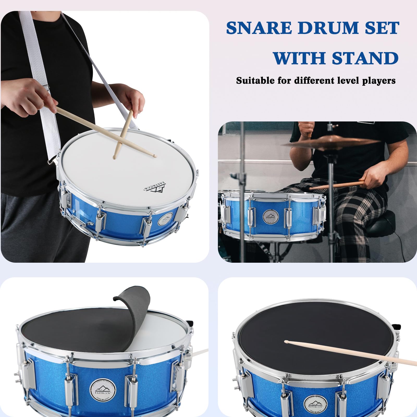 EASTROCK 14x5.5 Inch Snare Drum Set for Beginners - Includes Gig Bag, Drumsticks, Stand, Drum Keys & Coated Drum Head - Blue - Perfect for School Band, Practice & Live Performances