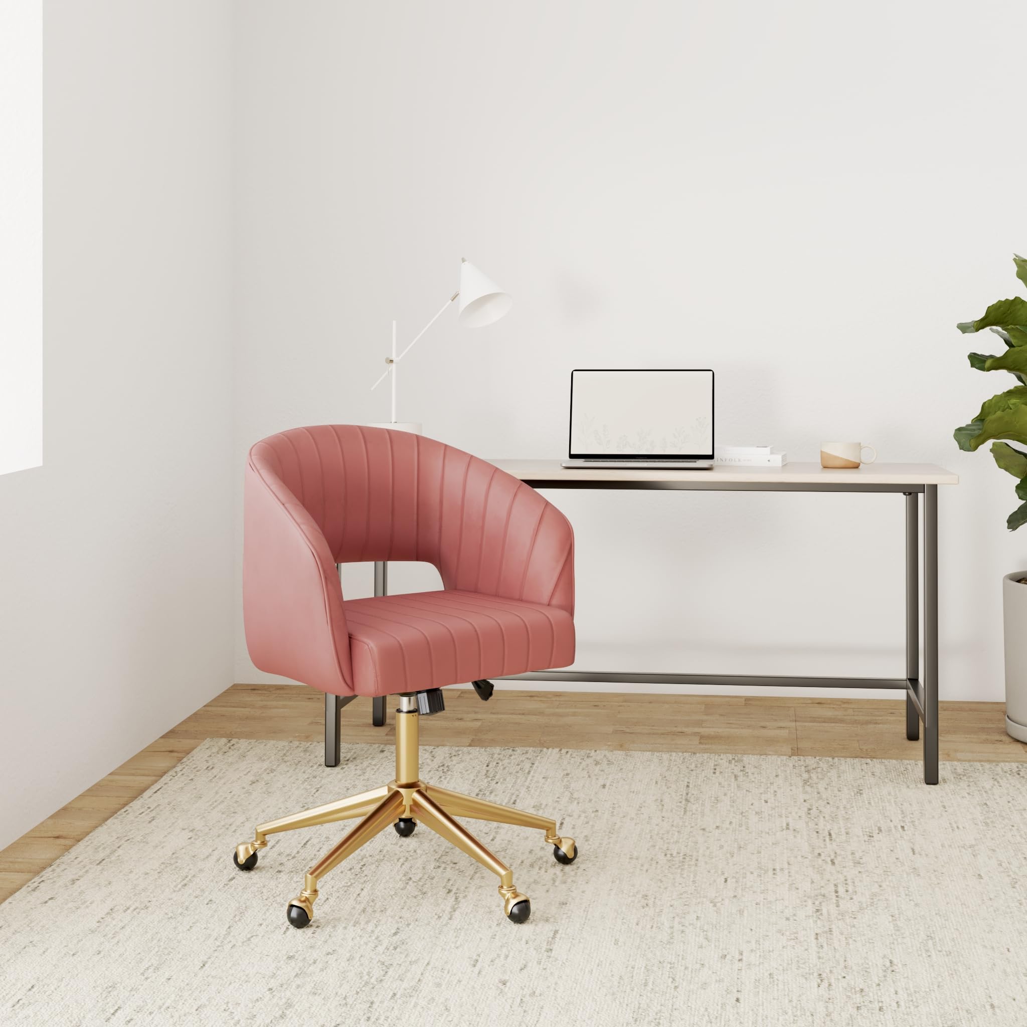 Velvet Swivel Office Chair with Adjustable Wheels - Ergonomic Upholstered Desk Chair for Home Office, Living Room, Bedroom & Study - Comfortable Computer Chair for Work, Gaming & Vanity (Rose)
