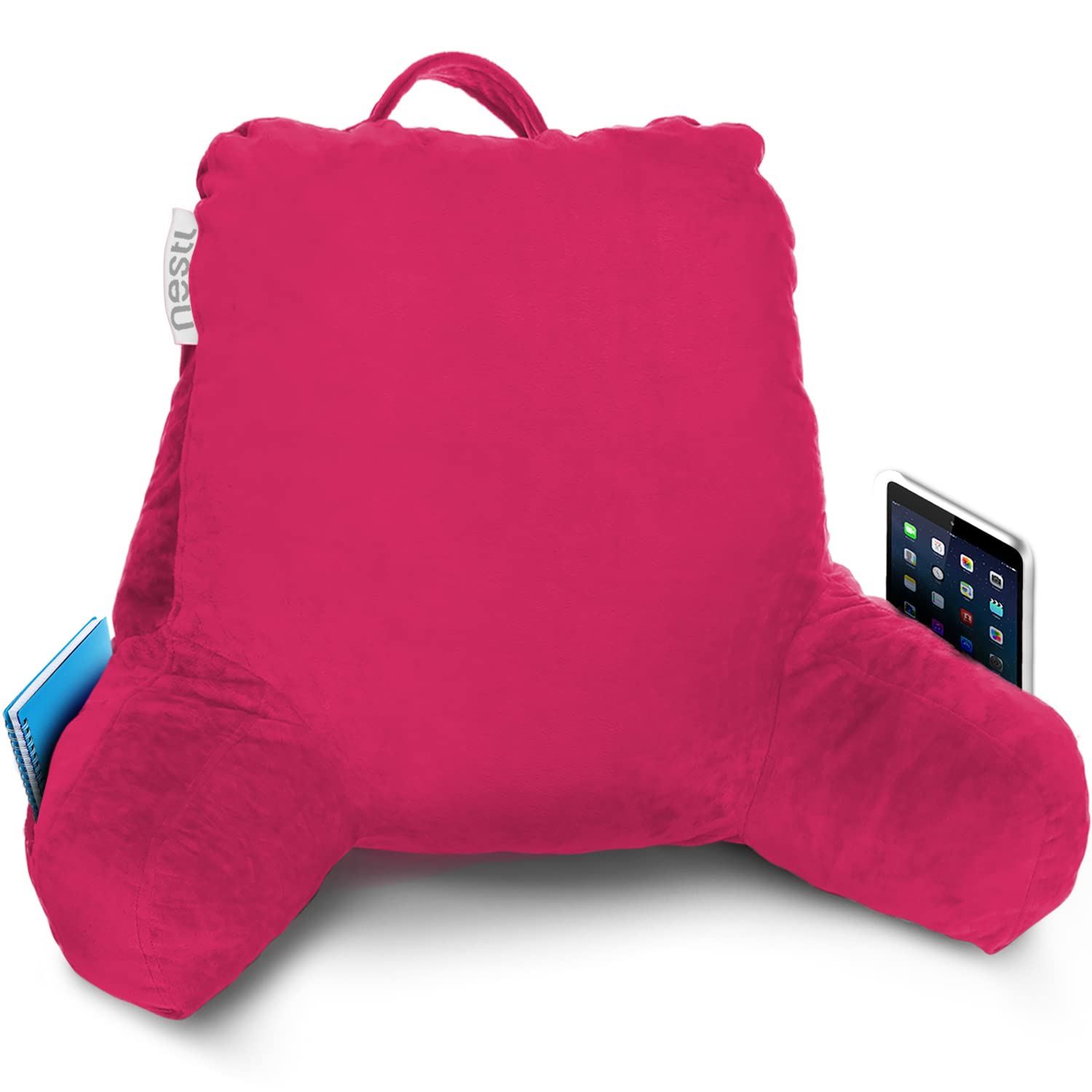 Nestl Reading Pillow with Shredded Memory Foam - Standard Bed Pillow for Back Support, Sitting in Bed, Reading & Relaxing - Hot Pink Chair Pillow with Pockets - Perfect for Bed Rest, Arm Support & Cozy Reading Sessions