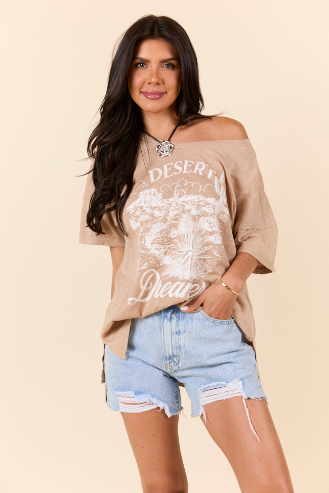 Desert Dreamer Taupe Split Hem Graphic Tee - Trendy Women's Casual T-Shirt for Summer | Perfect for Streetwear, Outings & Layering