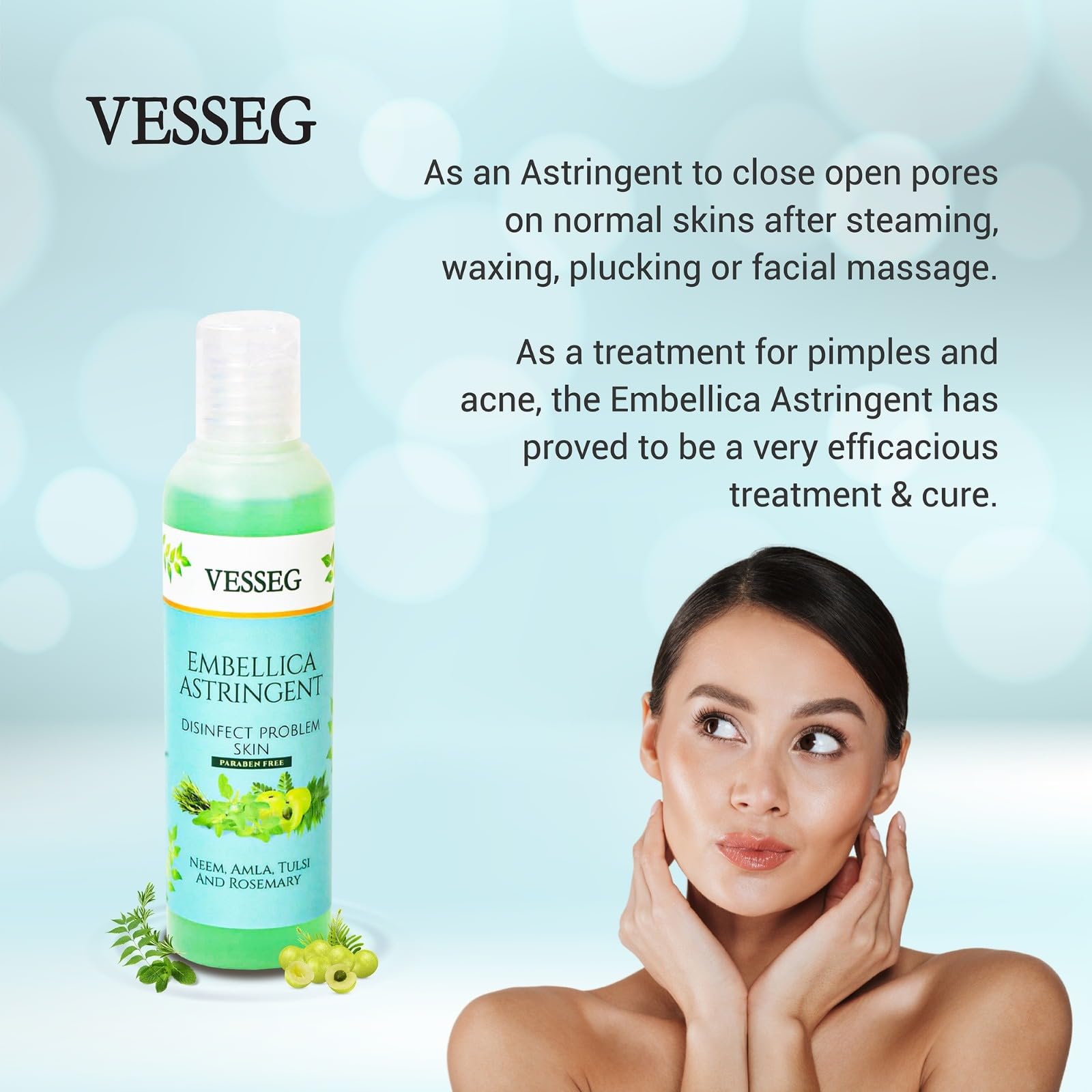 VESSEG Embellica Astringent Skin Cleanser - Natural Neem, Amla, Tulsi & Rosemary Formula for Pore Reduction & Disinfection | Paraben-Free Face Toner (120ml) | Perfect for Acne-Prone Skin & Daily Skincare Routine