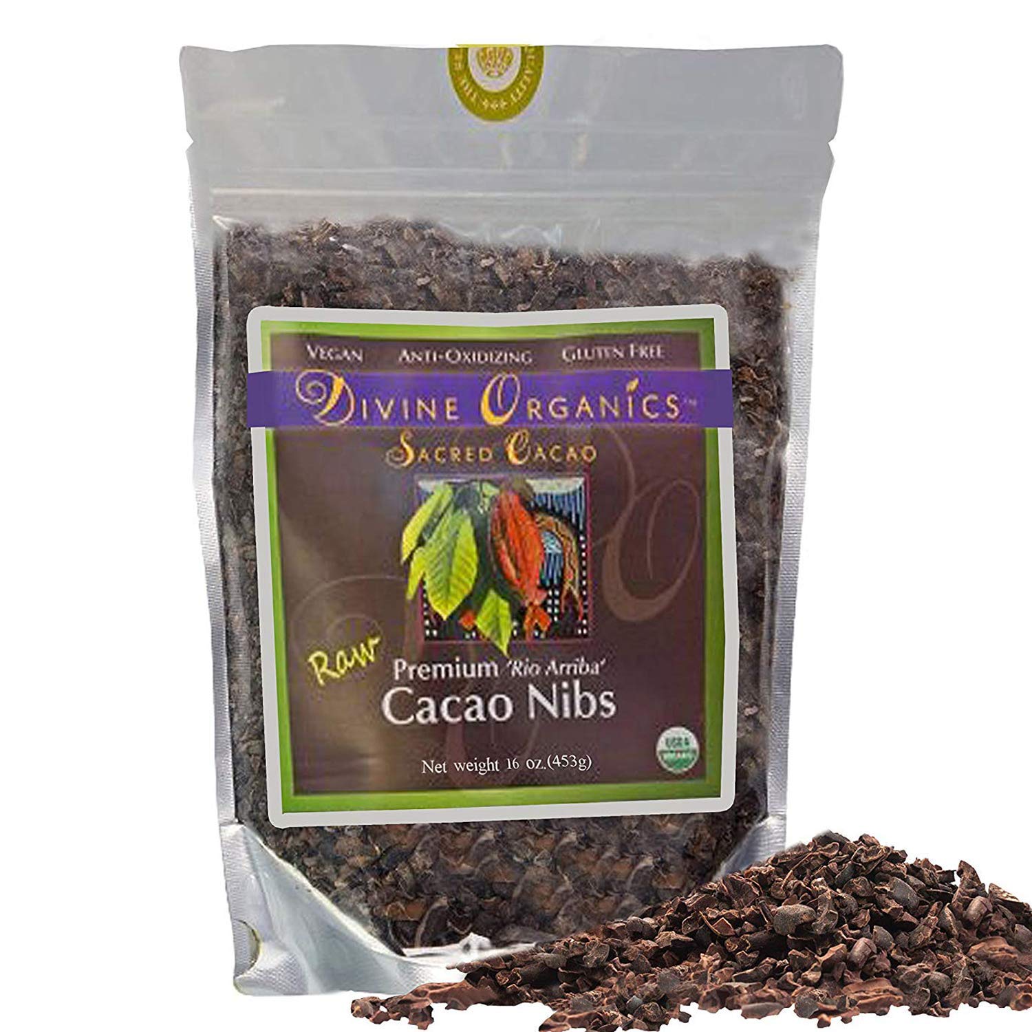 Divine Organics Raw Cacao Nibs 16oz - USDA Certified Organic Premium Rio Arriba Cacao - High in Magnesium & Antioxidants - Perfect for Smoothies, Baking, Snacks, Salads & Trail Mixes - Healthy Chocolate Chips Alternative - Great for Energy Boosting & Healthy Desserts
