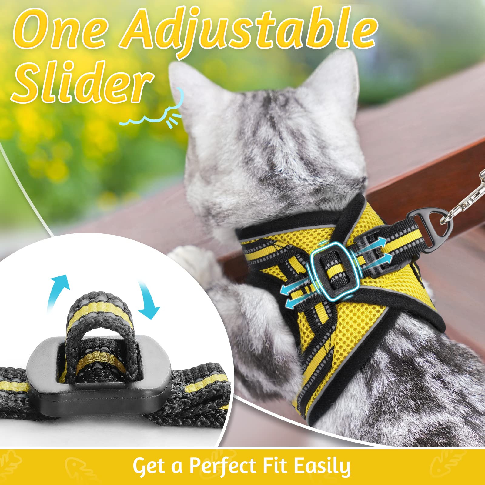 Rabbitgoo Escape Proof Cat Harness and Leash Set - Adjustable Soft Kitten Vest with Reflective Strips for Safe Outdoor Walking - Comfortable Pet Safety Vest in Bright Yellow (Size M) - Perfect for Park Adventures, Vet Visits, and Travel