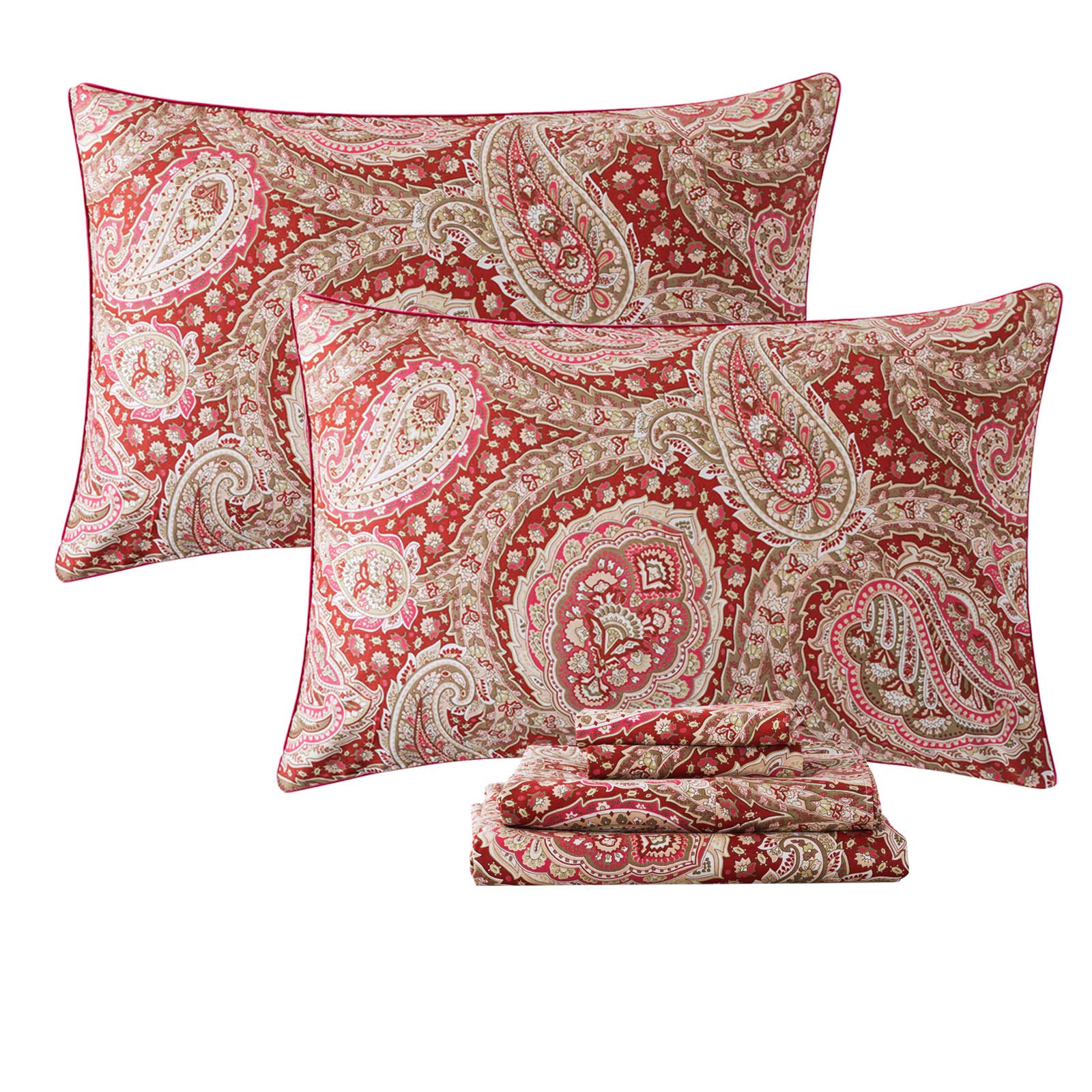Luxury 100% Cotton Paisley Queen Sheets Set - Red & Gold Floral Farmhouse Bedding, 4-Piece Hypoallergenic Deep Pocket Fitted Sheet - Super Soft for Elegant Bedroom Decor, Perfect for Guest Rooms & Master Suites