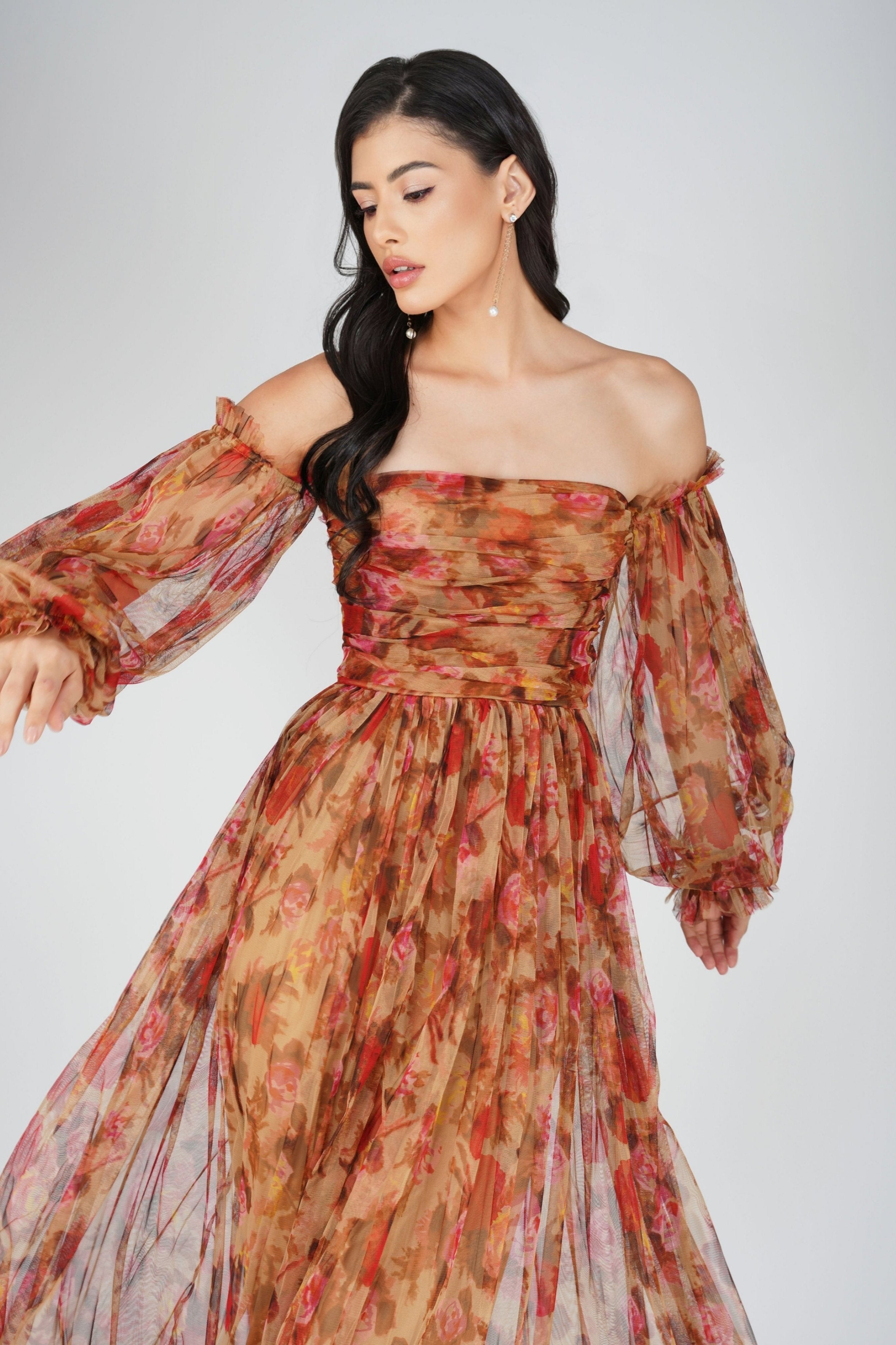 Lana Brown Floral Tulle Dress for Women - Elegant A-Line Party Gown with Lace Details - Perfect for Weddings, Prom, Cocktail Parties & Special Occasions