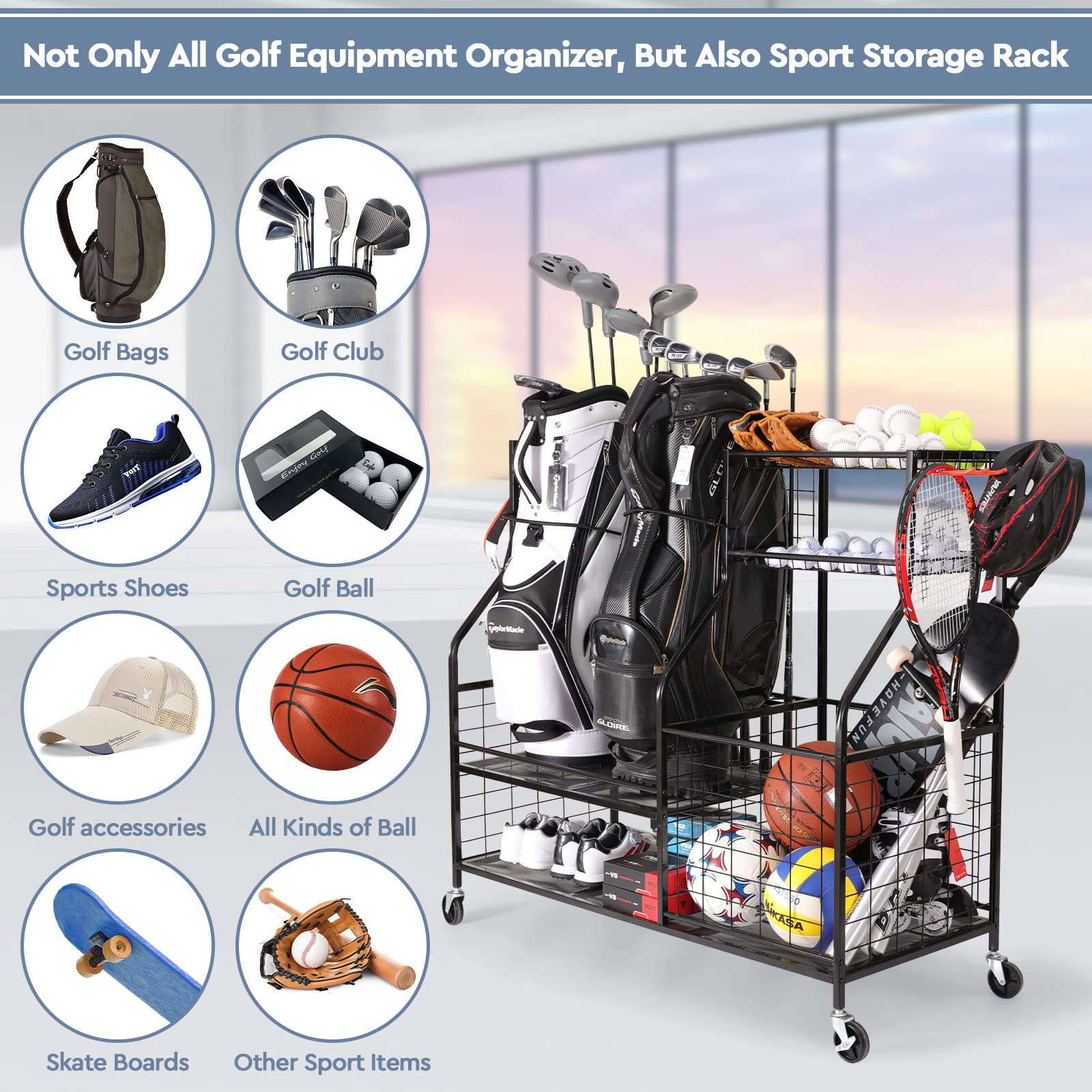 Golf Bag Storage Rack & Sports Equipment Organizer - Heavy-Duty Golf Club Stand with Wheels for Garage, Gym, Shed | Perfect for Golf Ball Storage & Sports Gear Organization
