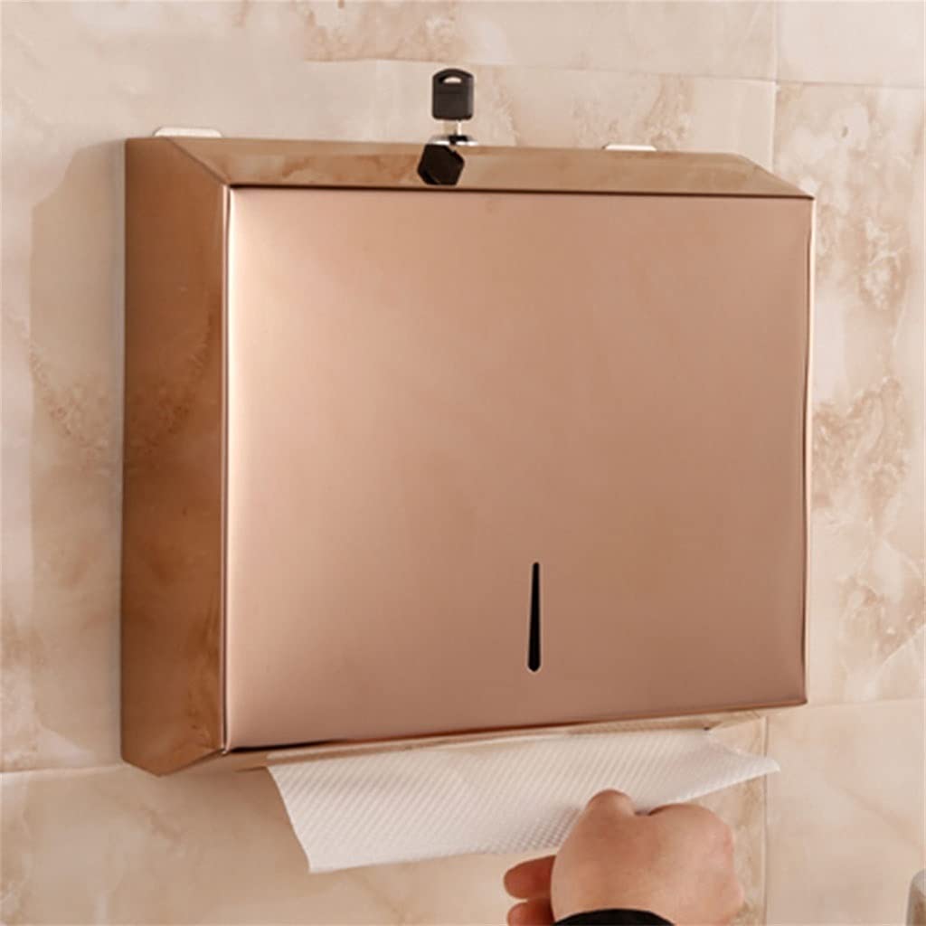 Rose Gold Stainless Steel Commercial Paper Towel Dispenser - High Capacity Wall Mounted with Locking Mechanism for Bathroom, Hotel & Home Use - Durable & Stable for Heavy-Duty Towel Storage