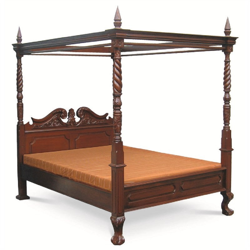 Solid Teak Timber King Size Postal Bed in Bordeaux & Mahogany Finish - Perfect for Master Bedroom, Guest Room, or Luxury Hotel Decor