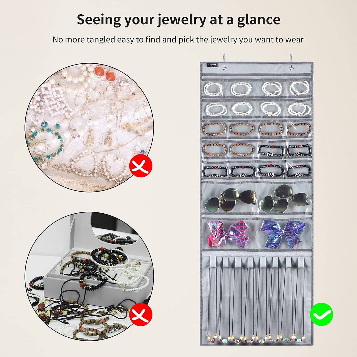 Over The Door Hanging Jewelry Organizer - Wall Mounted Earring Holder with 24 Clear Pockets & 8 Hook Loops for Necklace, Bracelet, Ring Storage - Perfect for Bedroom, Closet & Travel Organization (Grey)