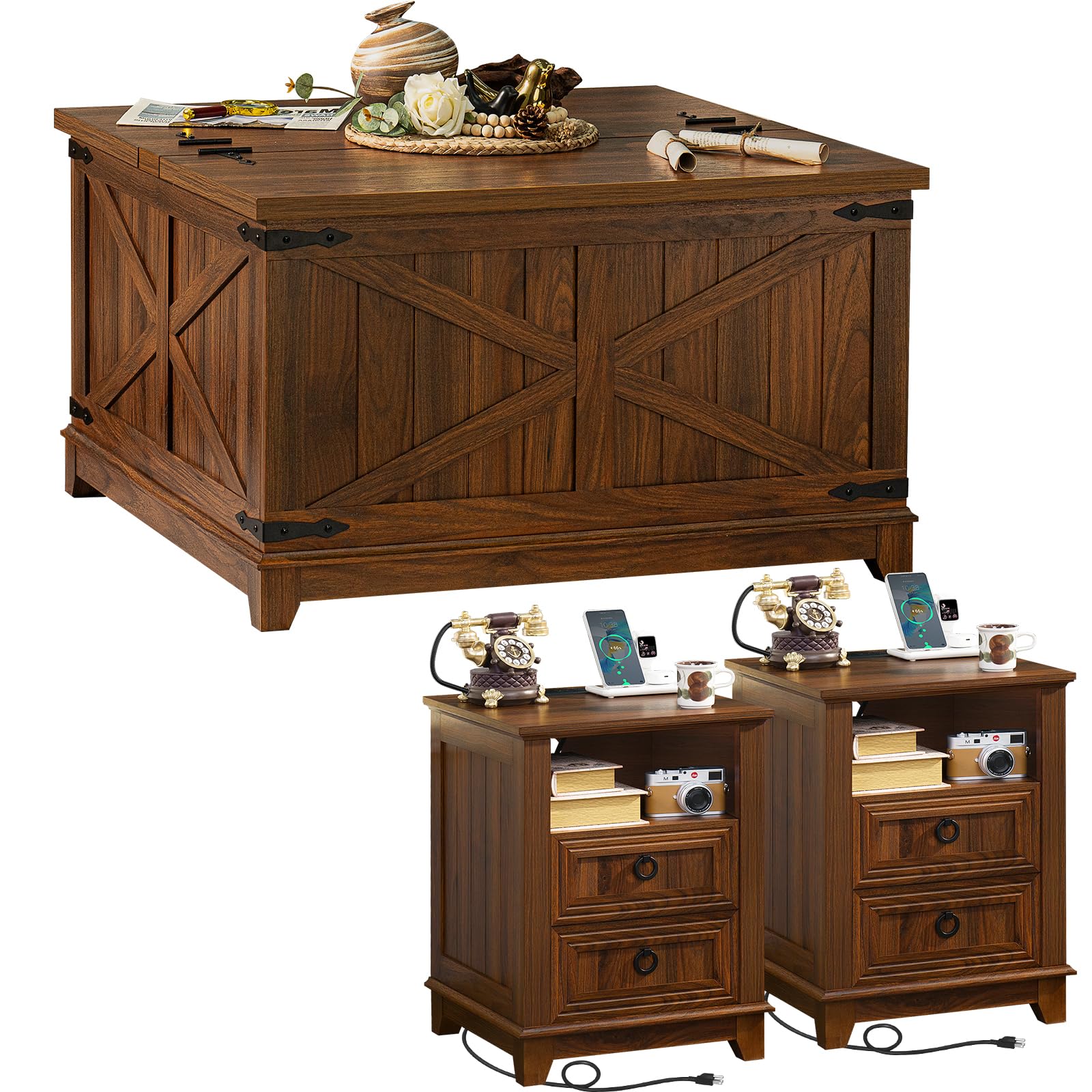 Rustic Farmhouse Coffee Table Set of 3 with USB Charging Station & Hidden Storage - Country Style Living Room Center Table & Nightstand 3-Piece Furniture Set for Home, Office - Perfect for Family Gatherings, Movie Nights & Remote Work
