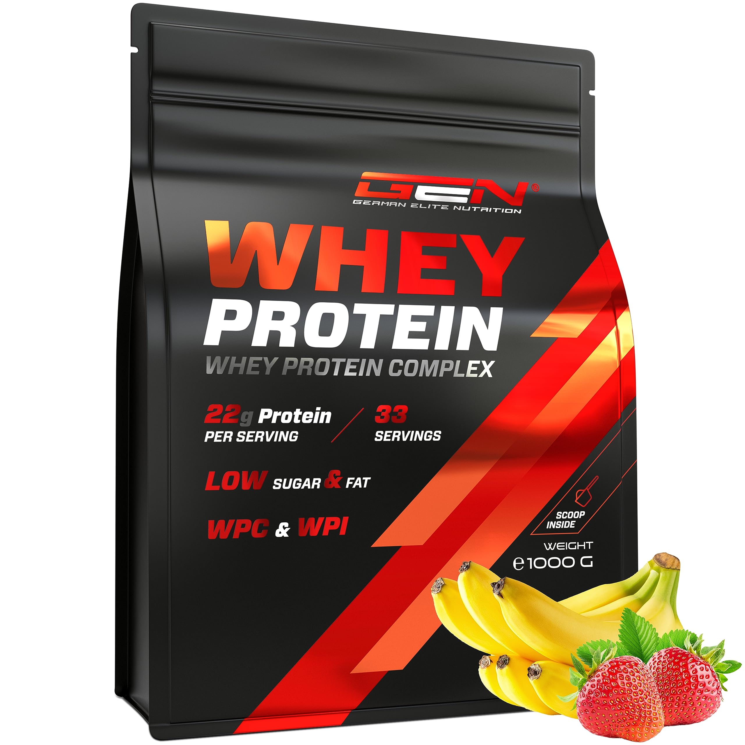 Premium Whey Protein Complex Powder - 1000g (Strawberry Banana Flavor) with Isolate - Fast Dissolving BCAA & EAA Supplement for Muscle Recovery - German Elite Nutrition - Ideal for Post-Workout, Weight Training & Fitness Enthusiasts