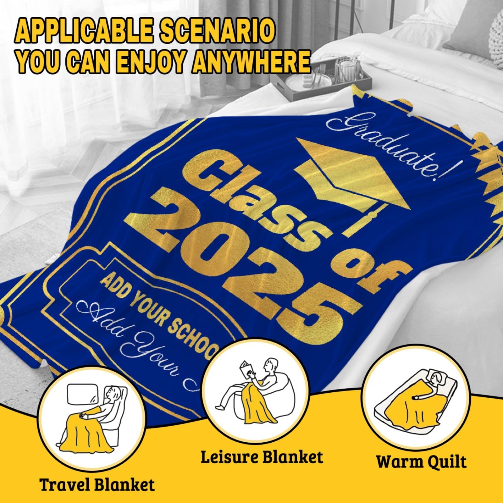 Personalized Graduation Blanket 2025 - Custom Class of 2025 Throw Blanket Gift for High School & College Graduates - 30x40 Inch Soft Fleece Blanket for Graduation Party Decor & Dorm Room Essentials