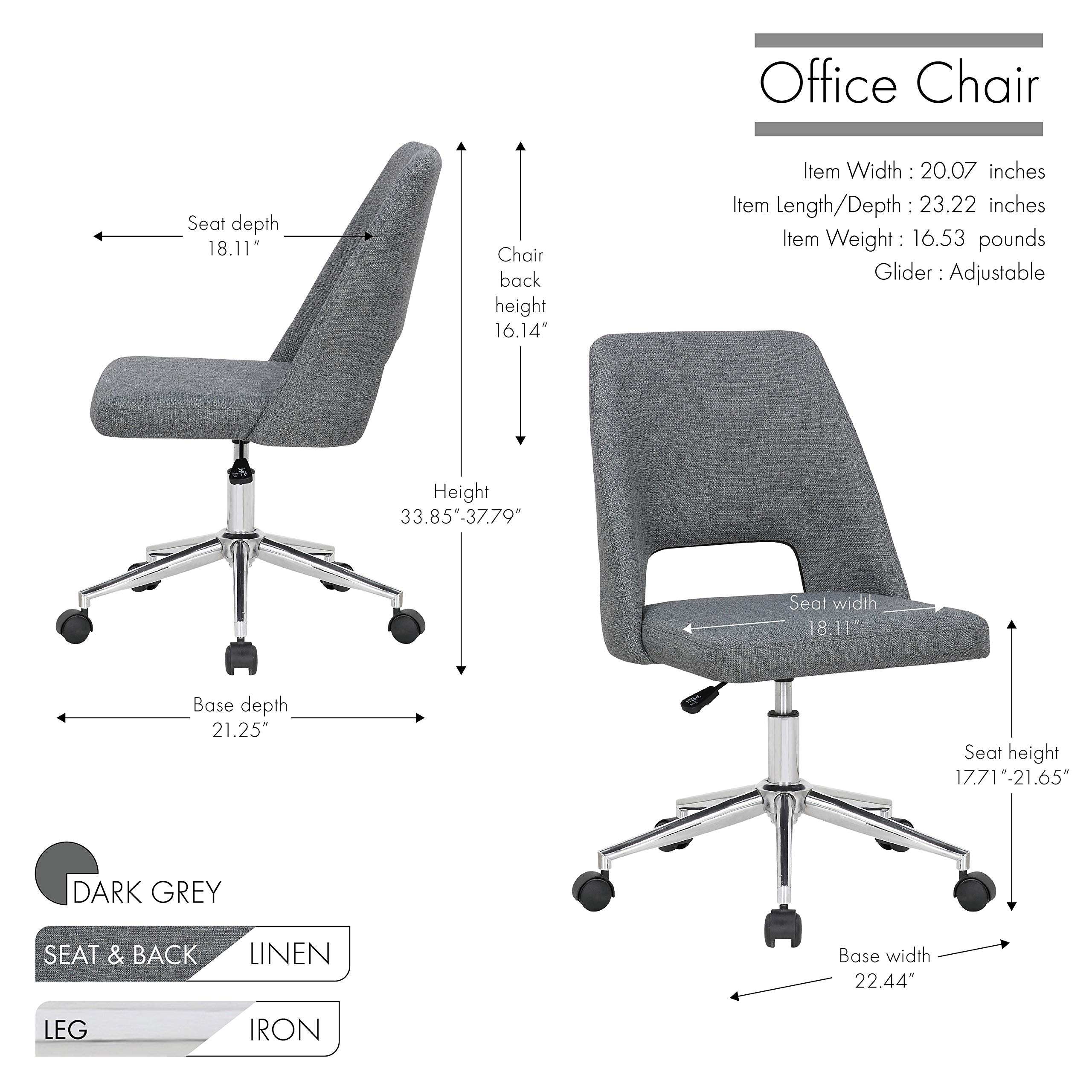 Porthos Home Kimora Modern Office Chair - Breathable Linen Upholstery, Cutout Back Design, Adjustable Height & Smooth-Rolling Casters | Perfect for Small Offices, Home Studios & Workspaces (Armless Ergonomic Desk Chair)