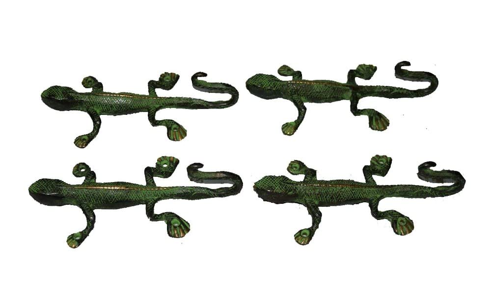 Brass Lizard Wall Hooks Set of 4 - Reptile Key Holder for Home Decor