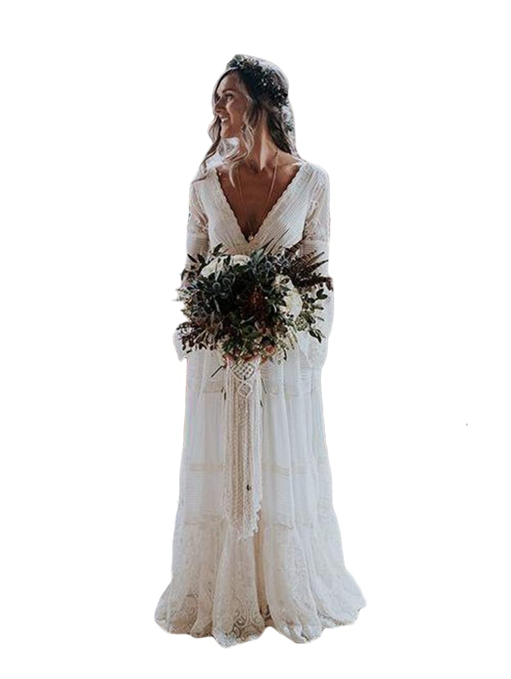 Elegant Tsbridal Women's Deep V Neck Lace Boho Wedding Dress with Long Sleeves - Perfect for Beach, Garden & Vintage Themed Weddings