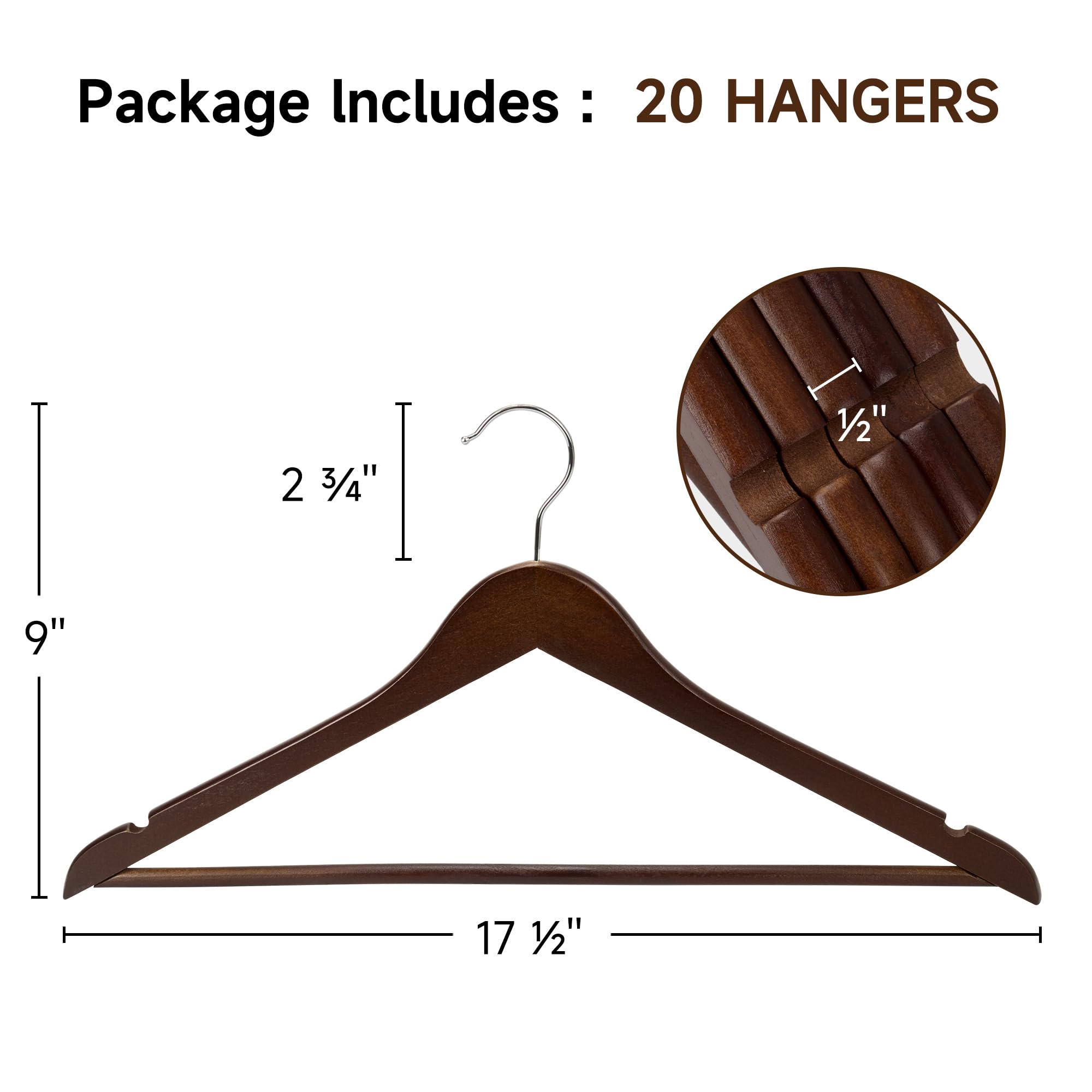 Premium Wooden Clothes Hangers 20-Pack - Natural Walnut Finish for Coats, Shirts, Jackets, Pants & Suits - Space-Saving Closet Organization for Home, Office & Retail Stores
